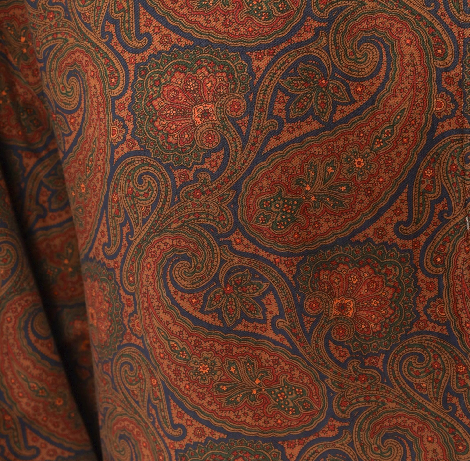 1970s Bill Blass Paisley Wool Maxi Coat Fur Collar Brown Olive Medium M