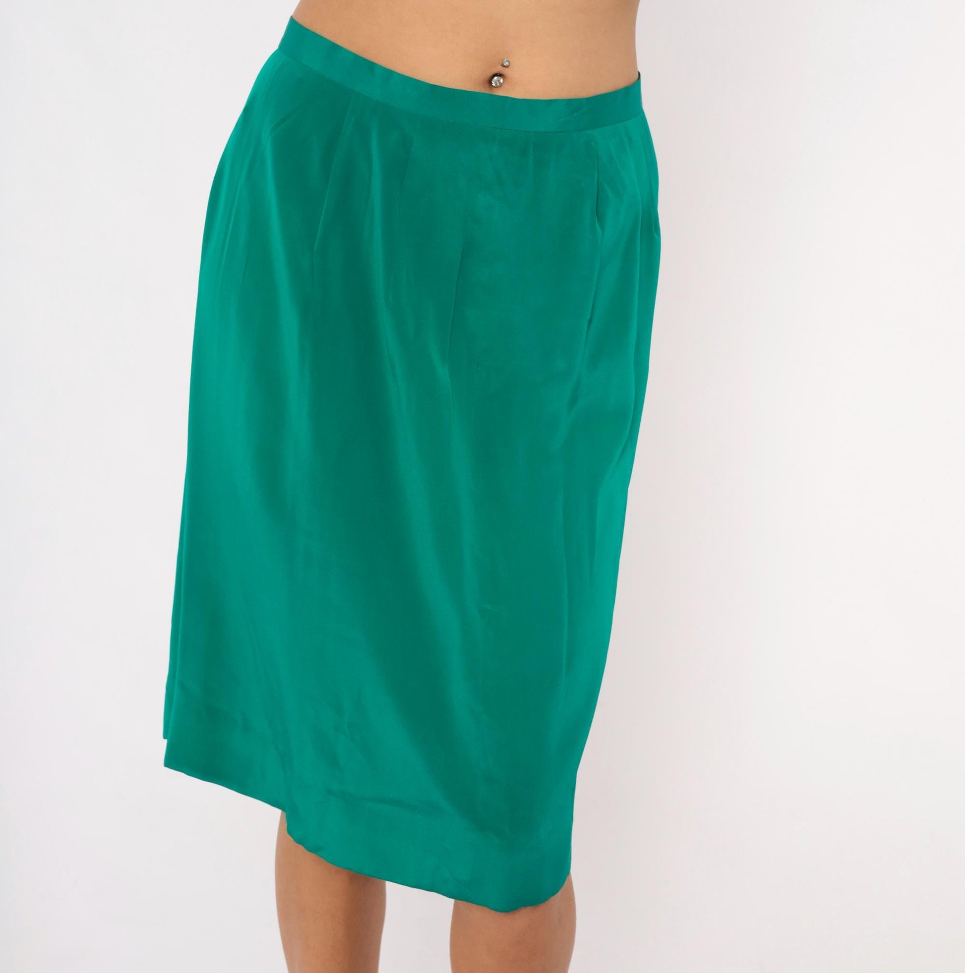 90s Teal Pencil Skirt Emerald Green Pleated A-Line Knee-Length Medium M