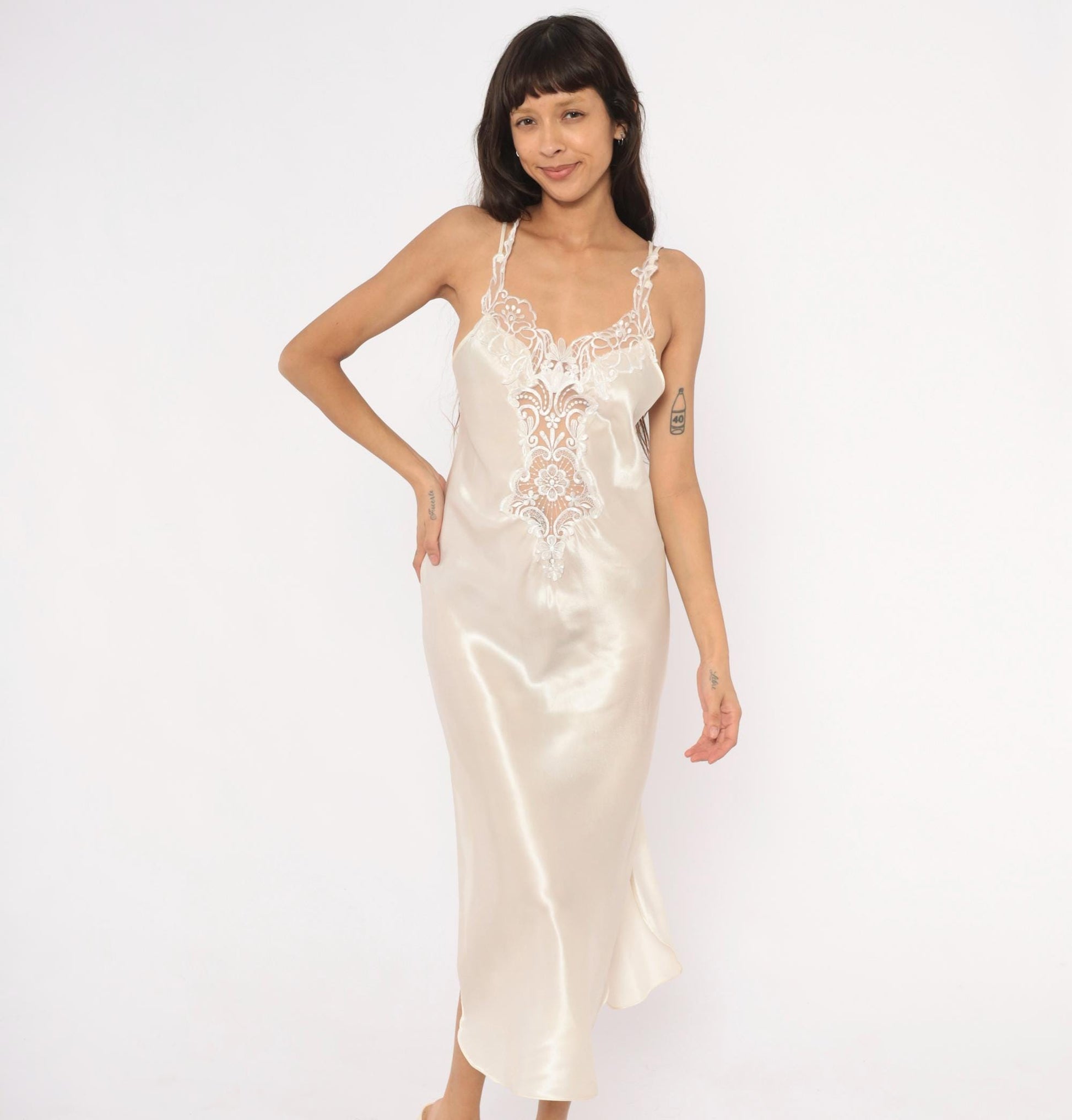 90s California Dynasty Cream Satin Slip Dress Floral Lace Cutwork Open Back Medium M