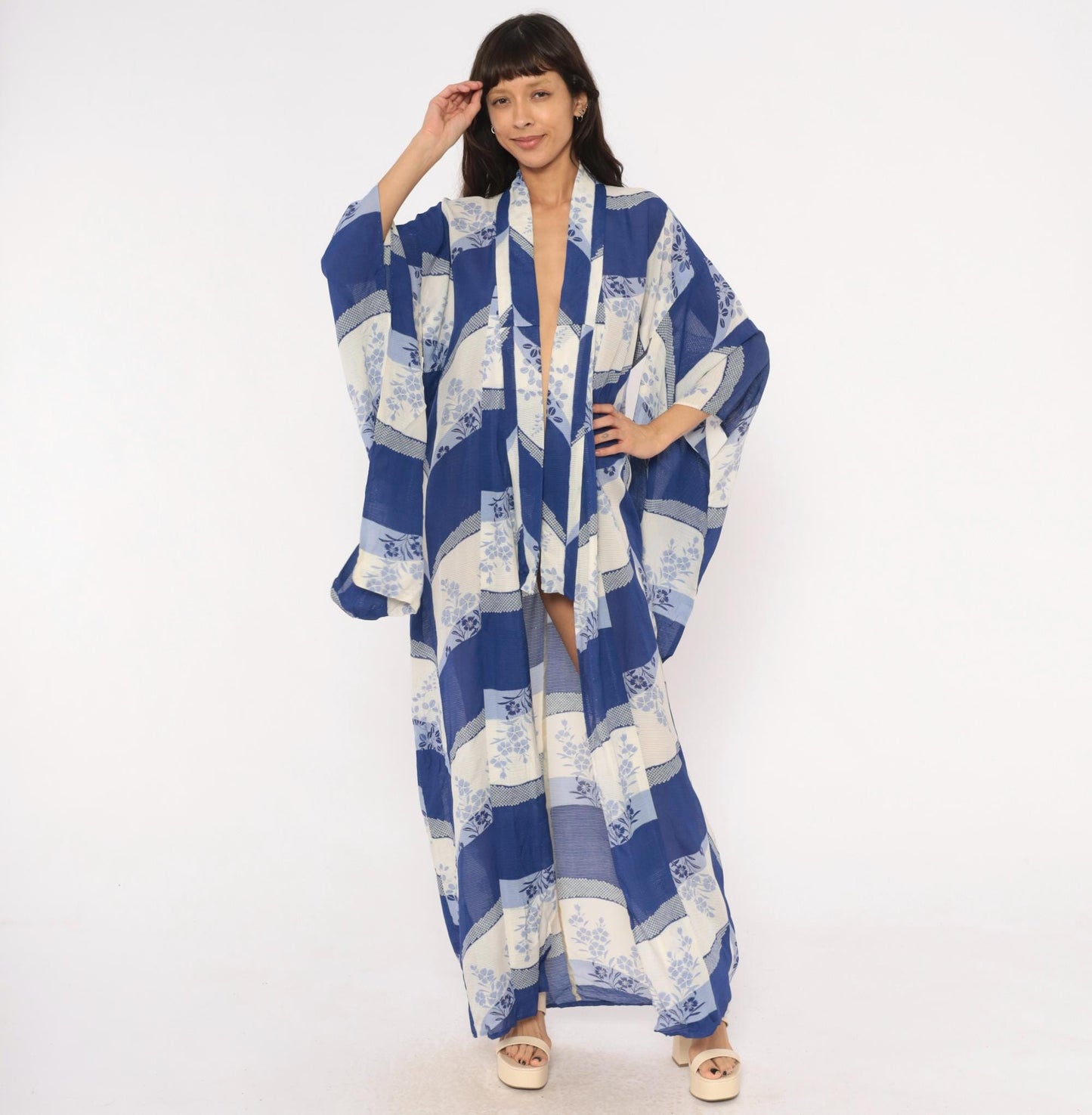 70s Japanese Kimono Robe Cobalt Blue Floral Maxi Open Front Small to Large