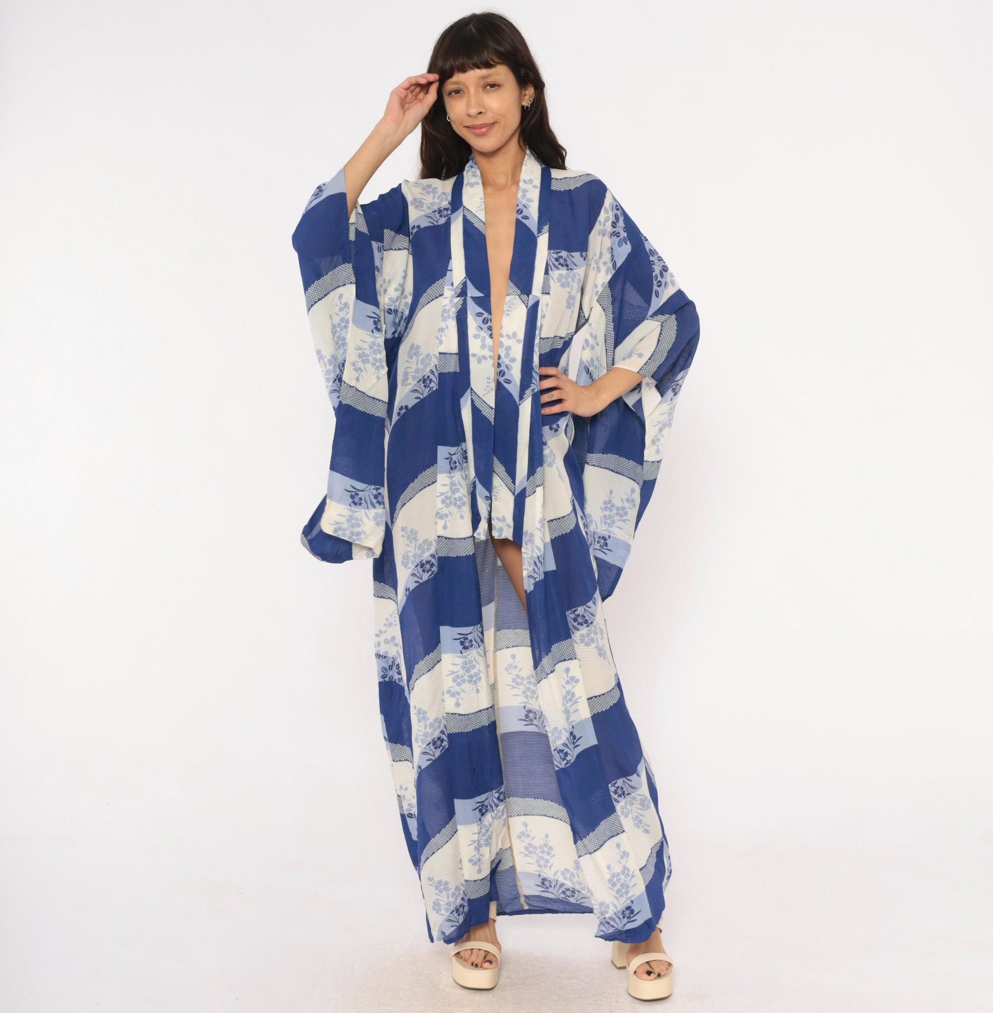 70s Japanese Kimono Robe Cobalt Blue Floral Maxi Open Front Small to Large