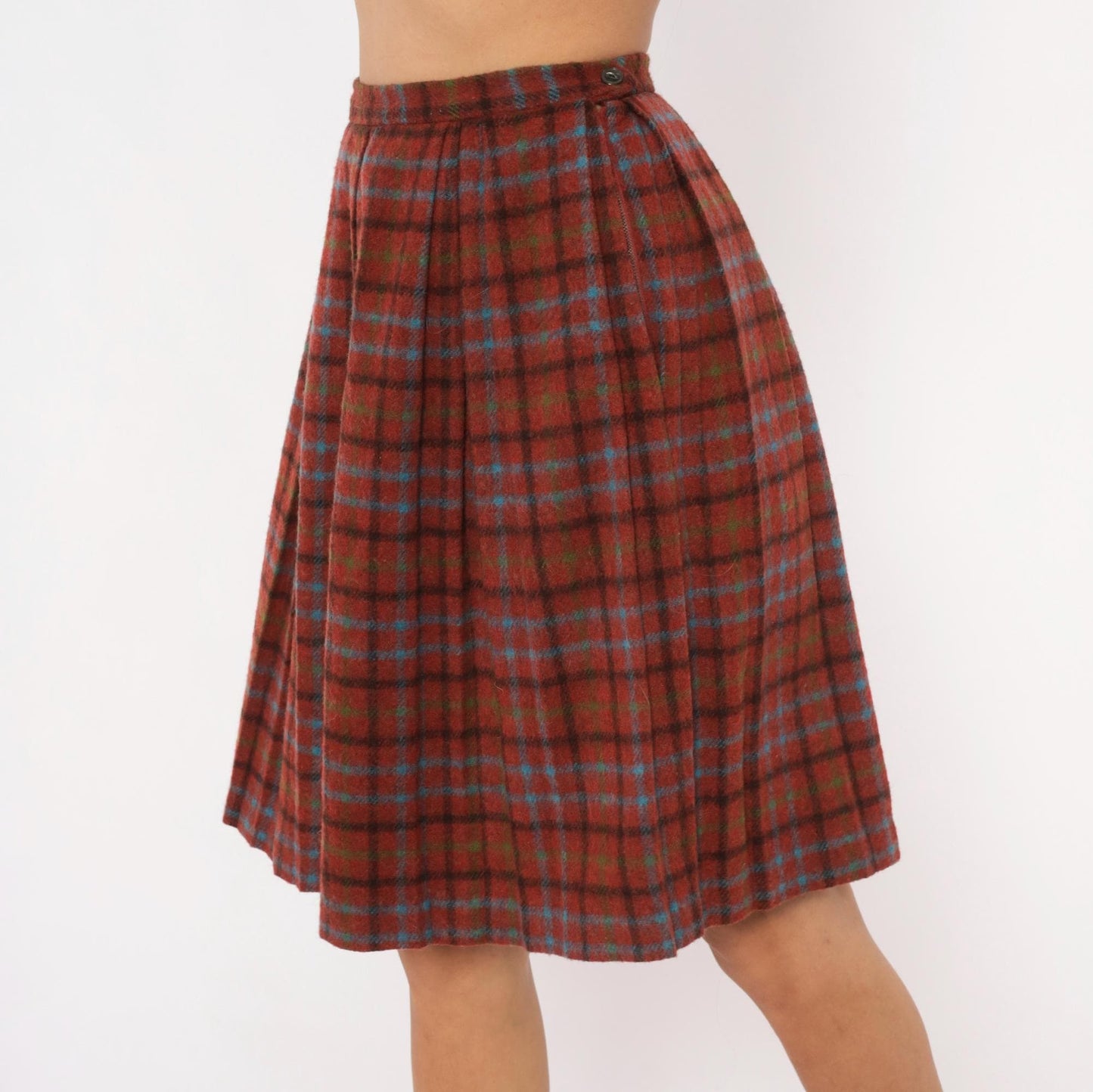 60s Mode O Day Wool Plaid Pleated Skirt Burgundy Tartan Knee-Length Extra Small XS