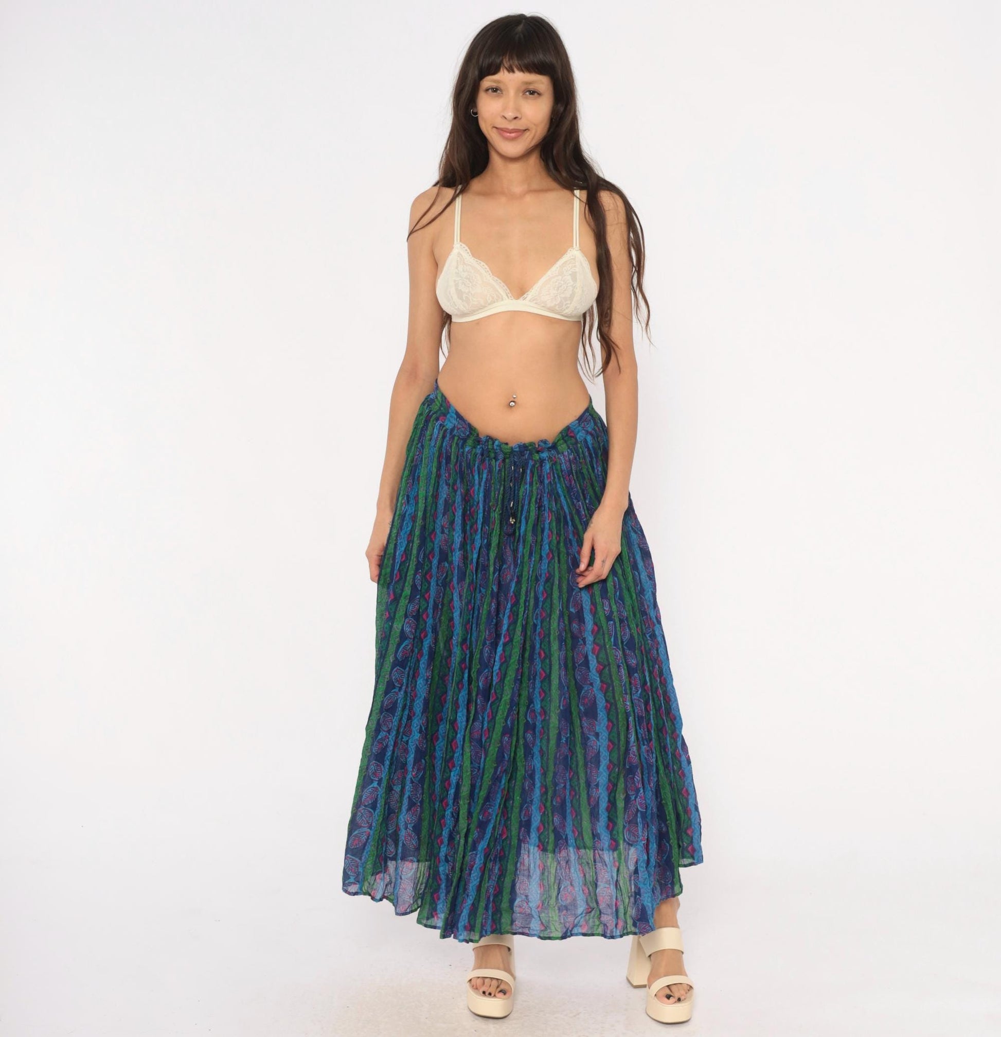 90s Via Max Broomstick Maxi Skirt Crushed Gauze Leaf Print Navy Multicolor Large L