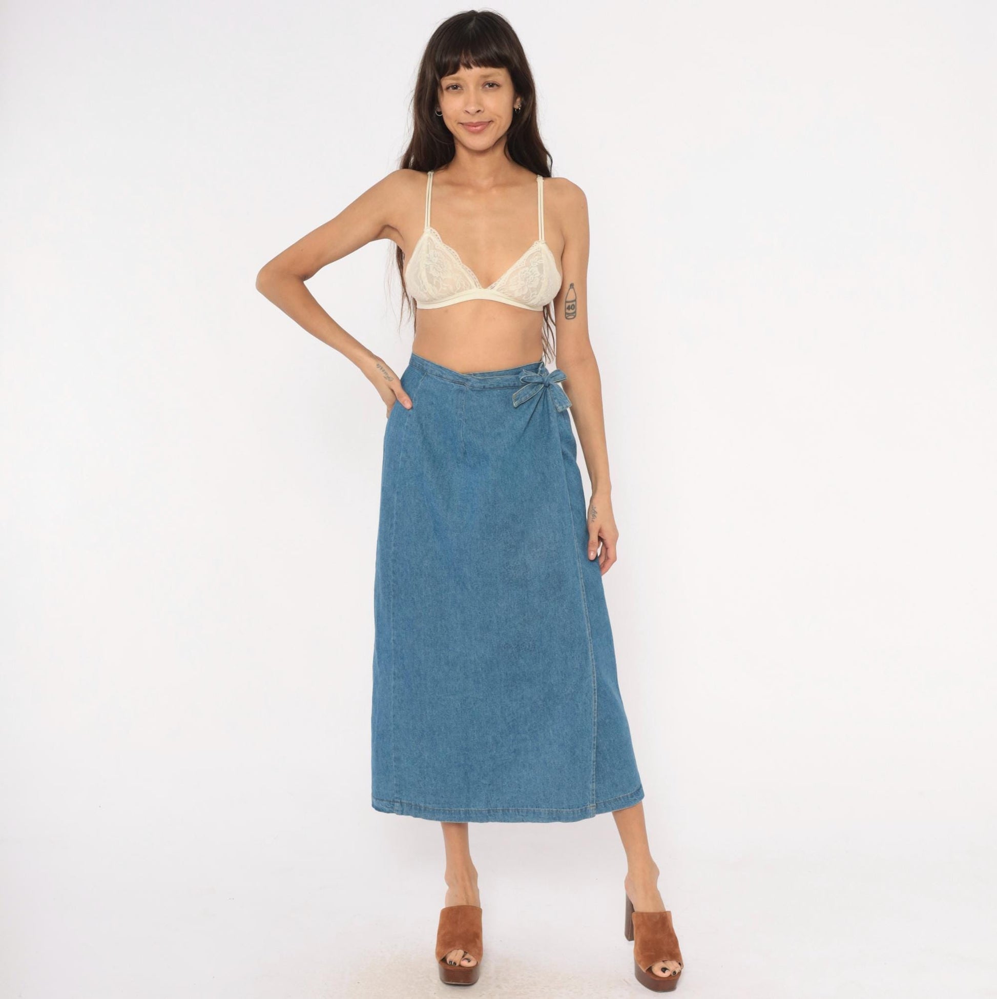 90s Founded 1989 Denim Wrap Skirt Midi Blue Chambray Cotton Extra Small