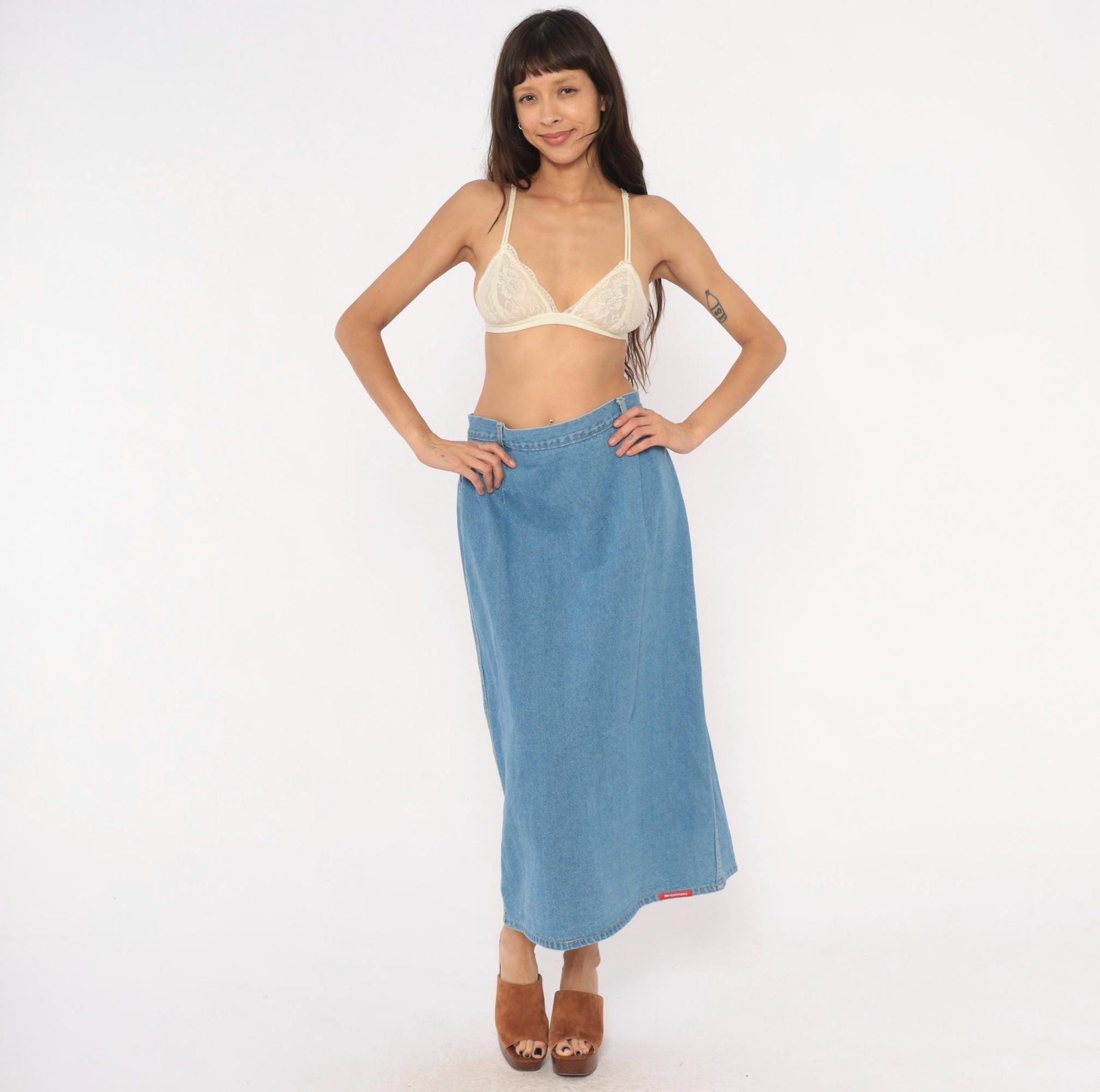 90s No Excuses Denim Maxi Skirt Light Blue A-Line High Waist Cotton Large L