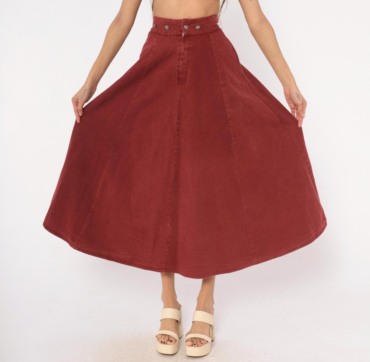 90s Miller Stockman Burgundy Cotton Circle Skirt High Waist Midi Extra Small XS