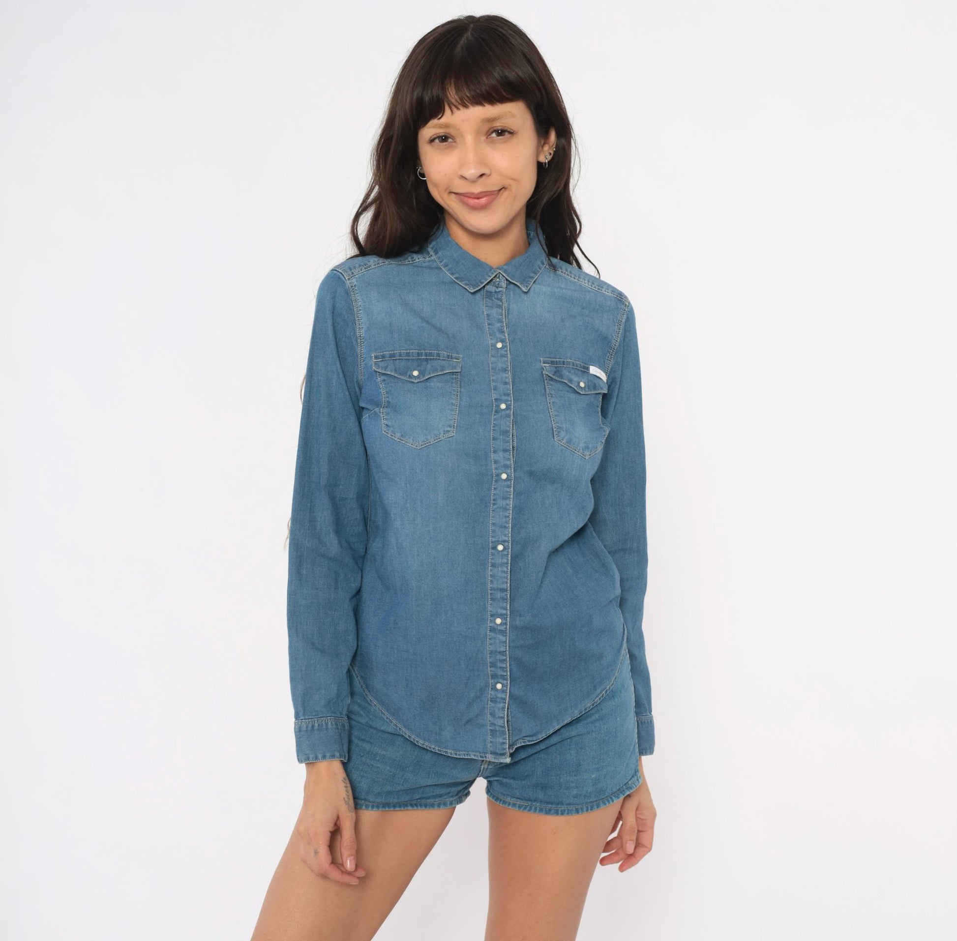 Calvin Klein Jeans Denim Shirt Western Snap Button Blue Chambray Small S
