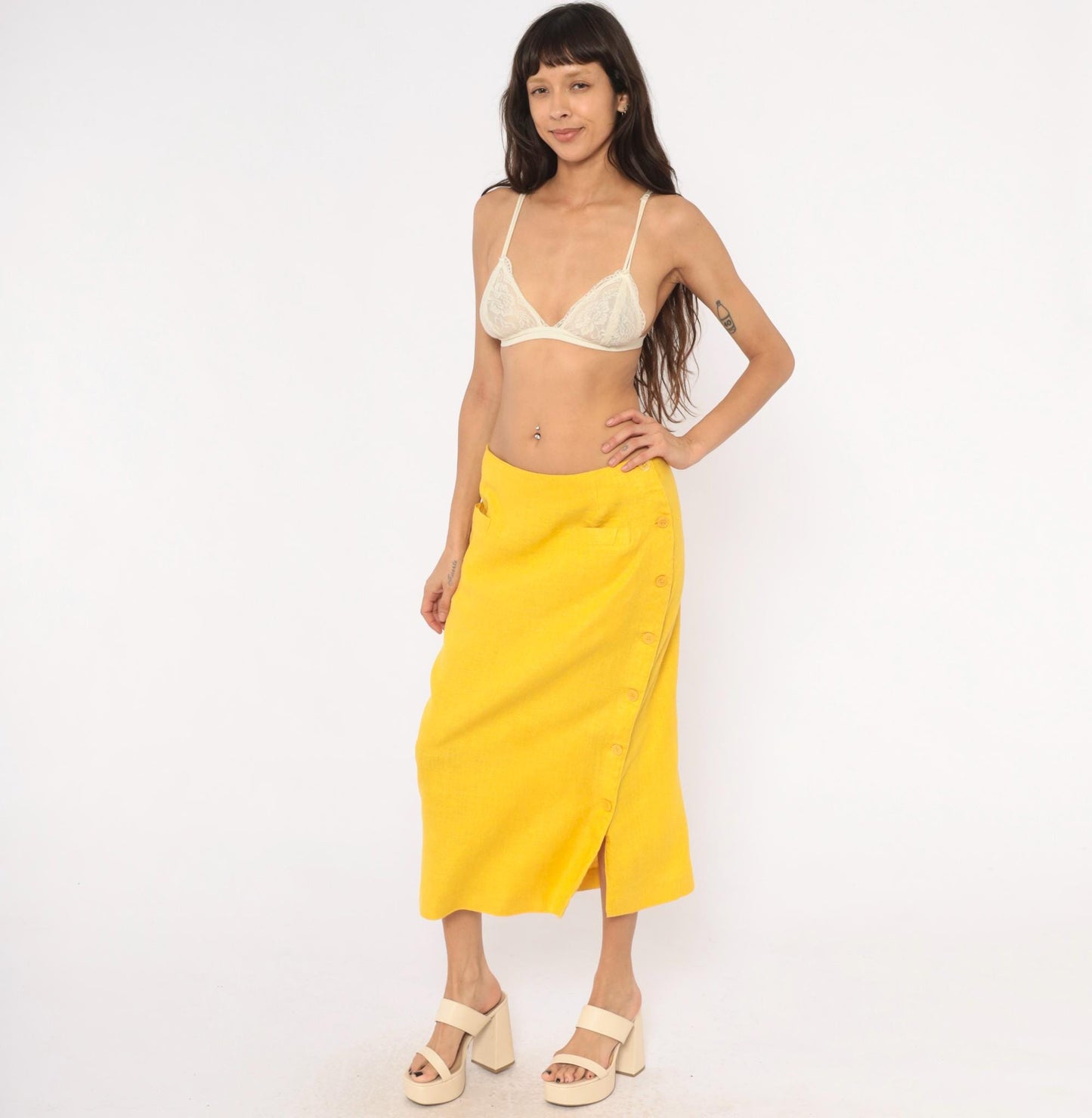 80s Ta. Whitney Linen Midi Skirt Golden Yellow A-Line Large L