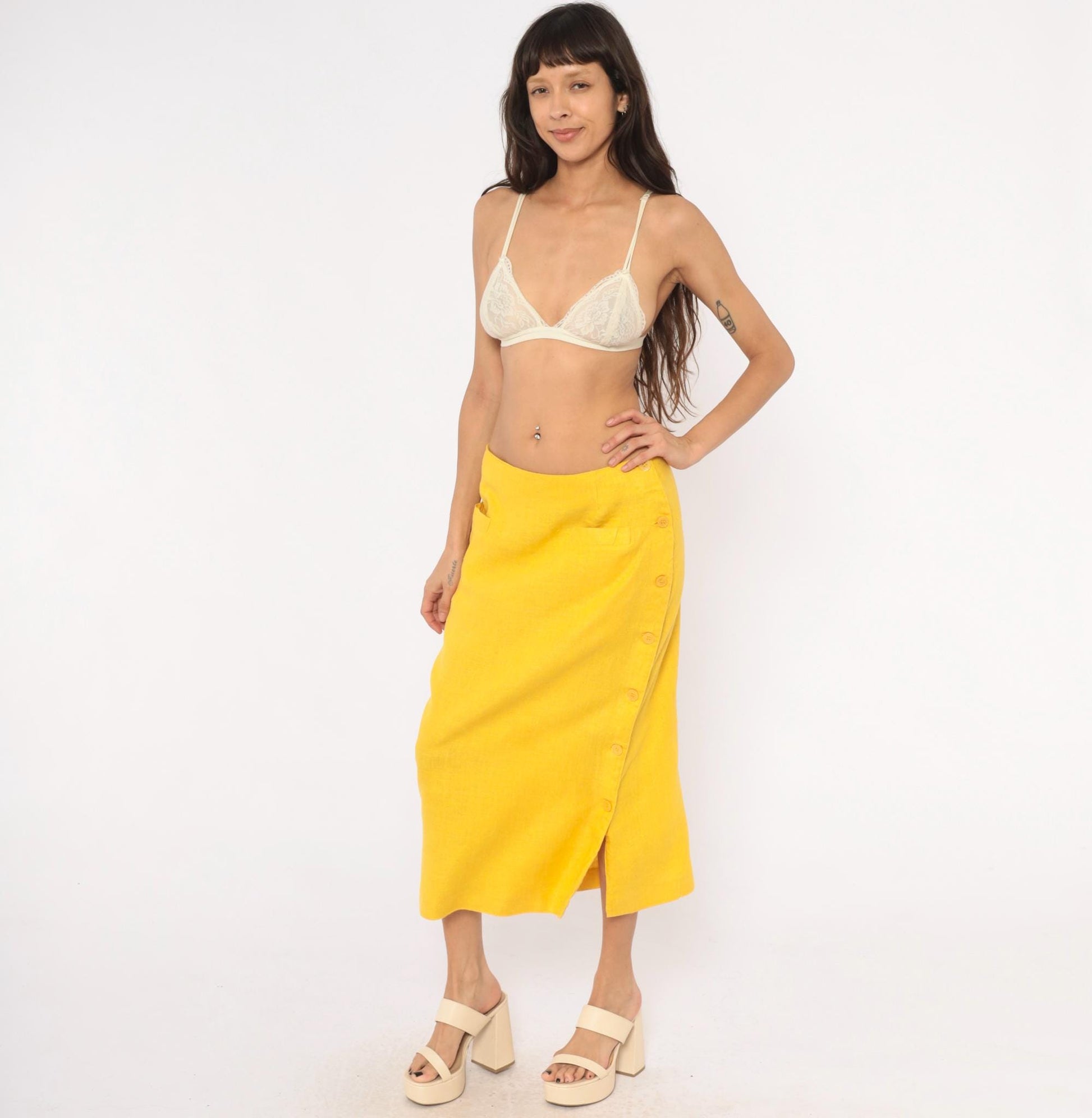 80s Ta. Whitney Linen Midi Skirt Golden Yellow A-Line Large L