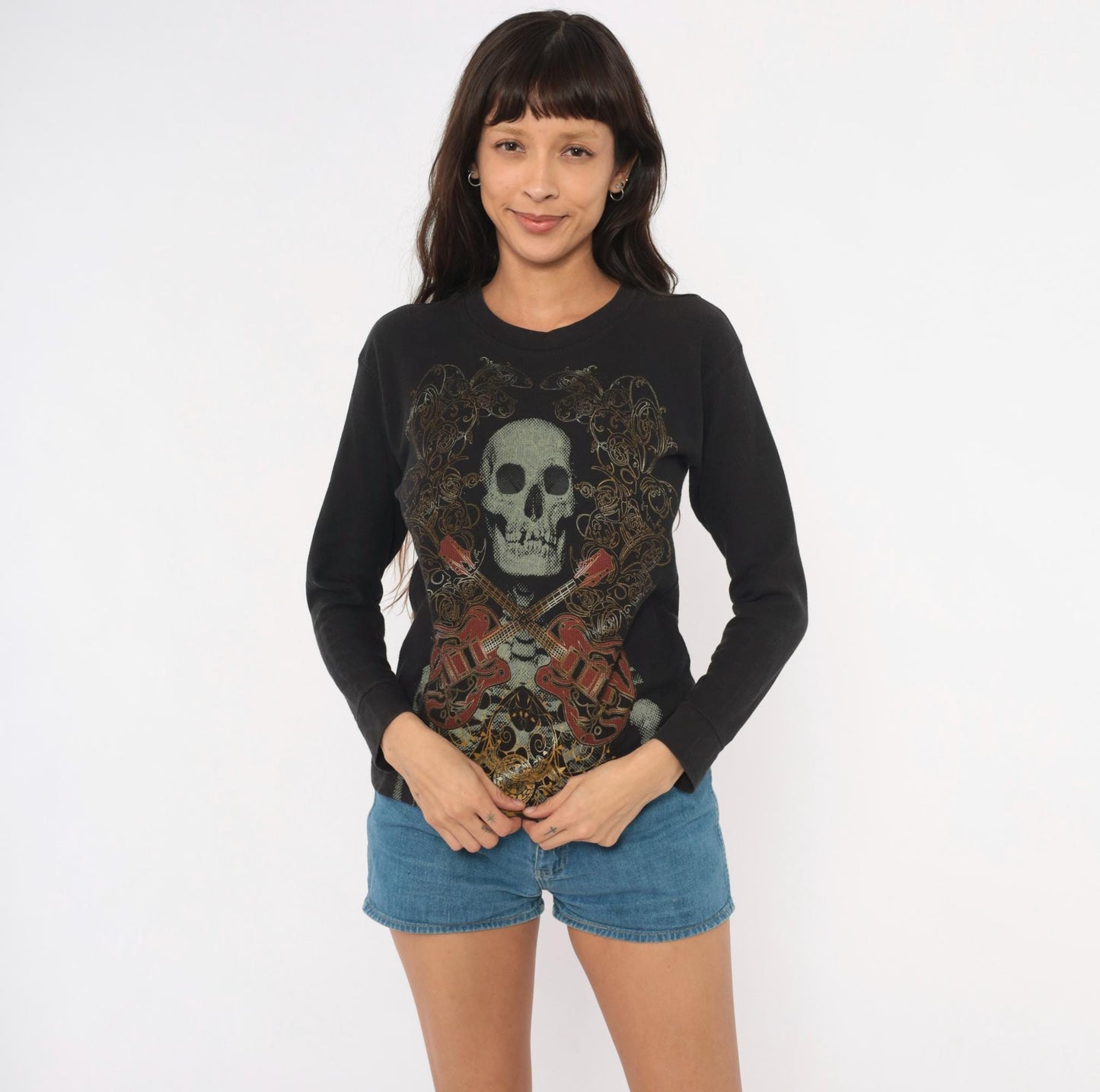 Y2K Skull Crossbones Guitar Long Sleeve Thermal Top Black Medium M