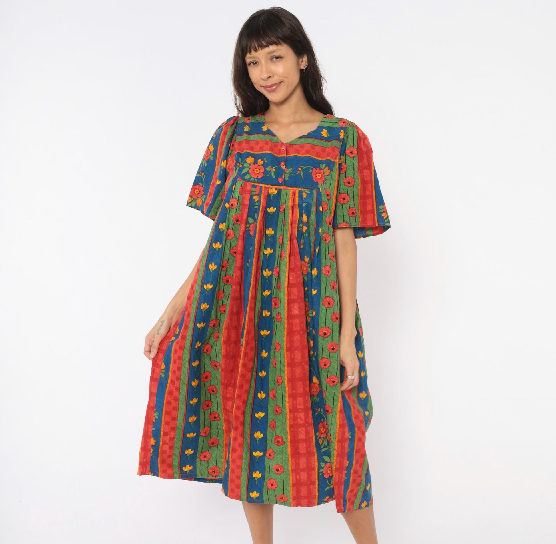 90s Floral Striped Cotton Empire Waist Dress Puff Sleeve Red Blue Green Medium