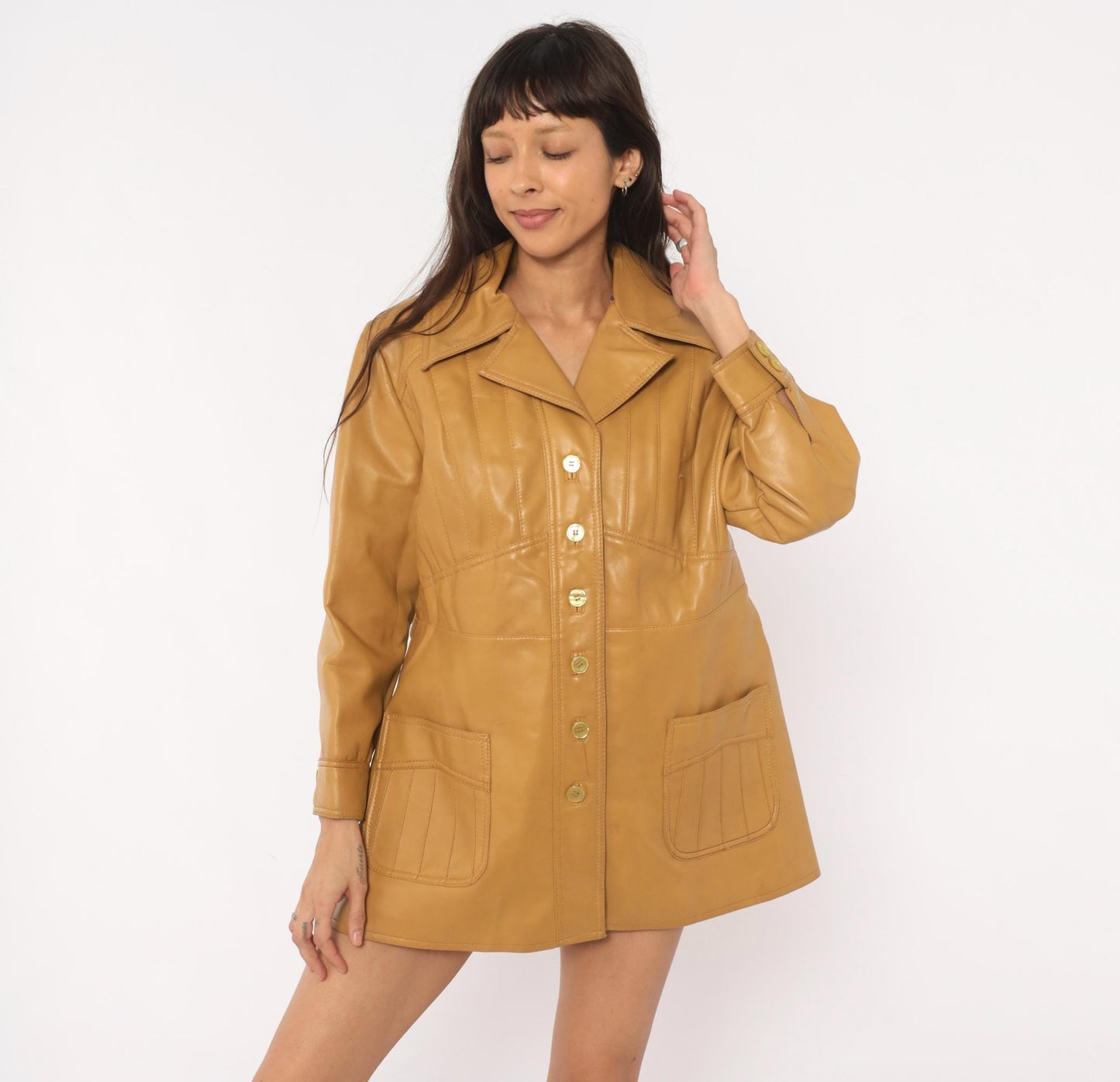 70s Mod-Maid Vinyl Coat Tan Button Front Notched Collar Mini Trench Large L