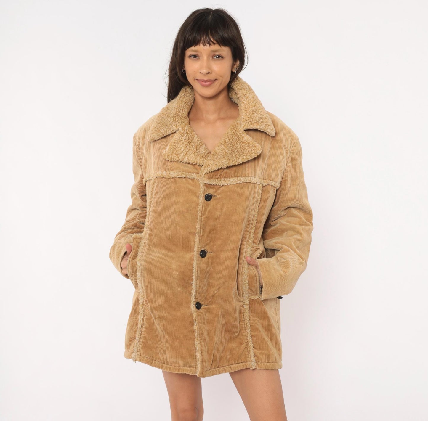 70s JCPenney Tan Corduroy Sherpa Coat Button Front Jacket Medium M