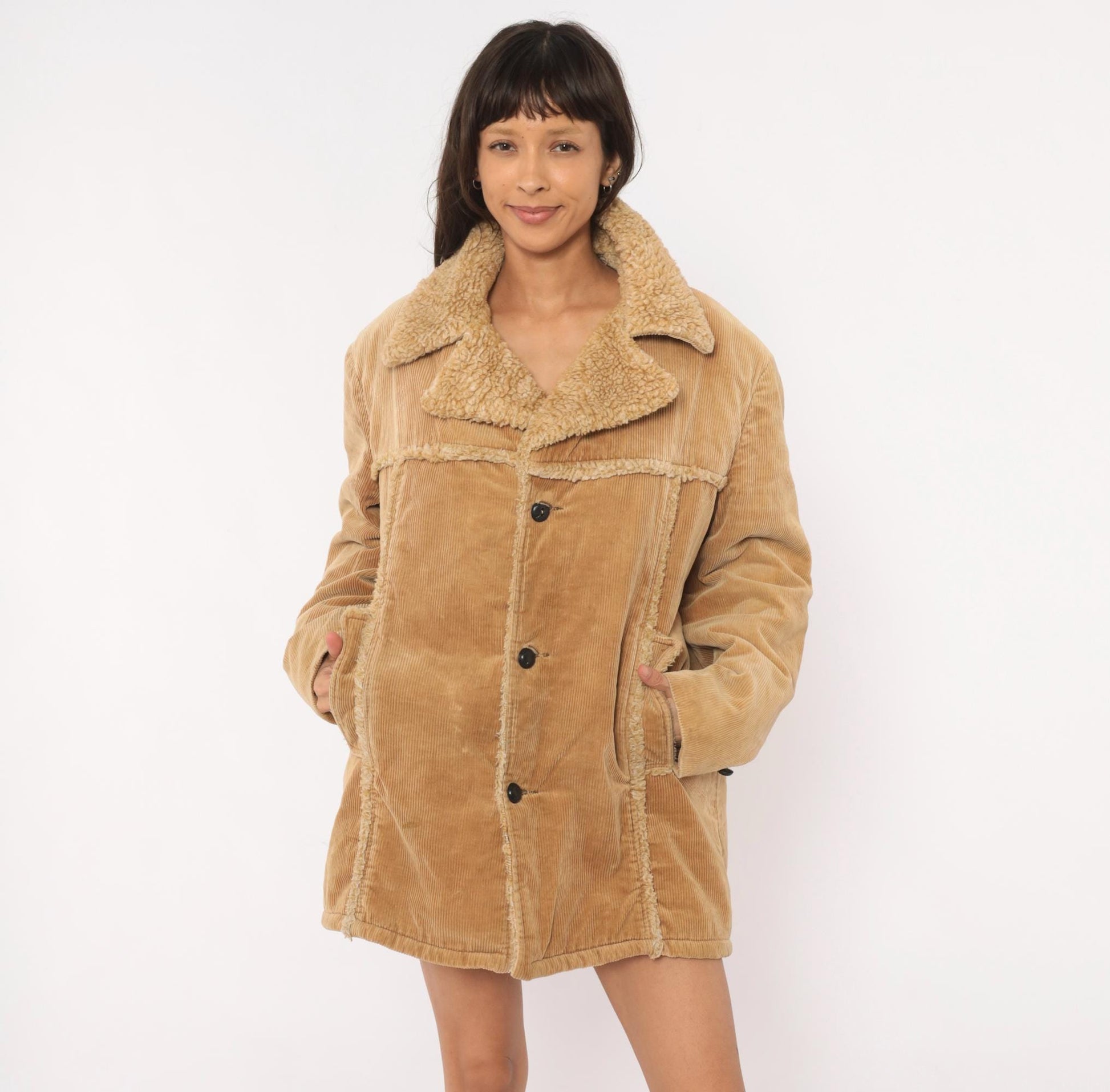 70s JCPenney Tan Corduroy Sherpa Coat Button Front Jacket Medium M