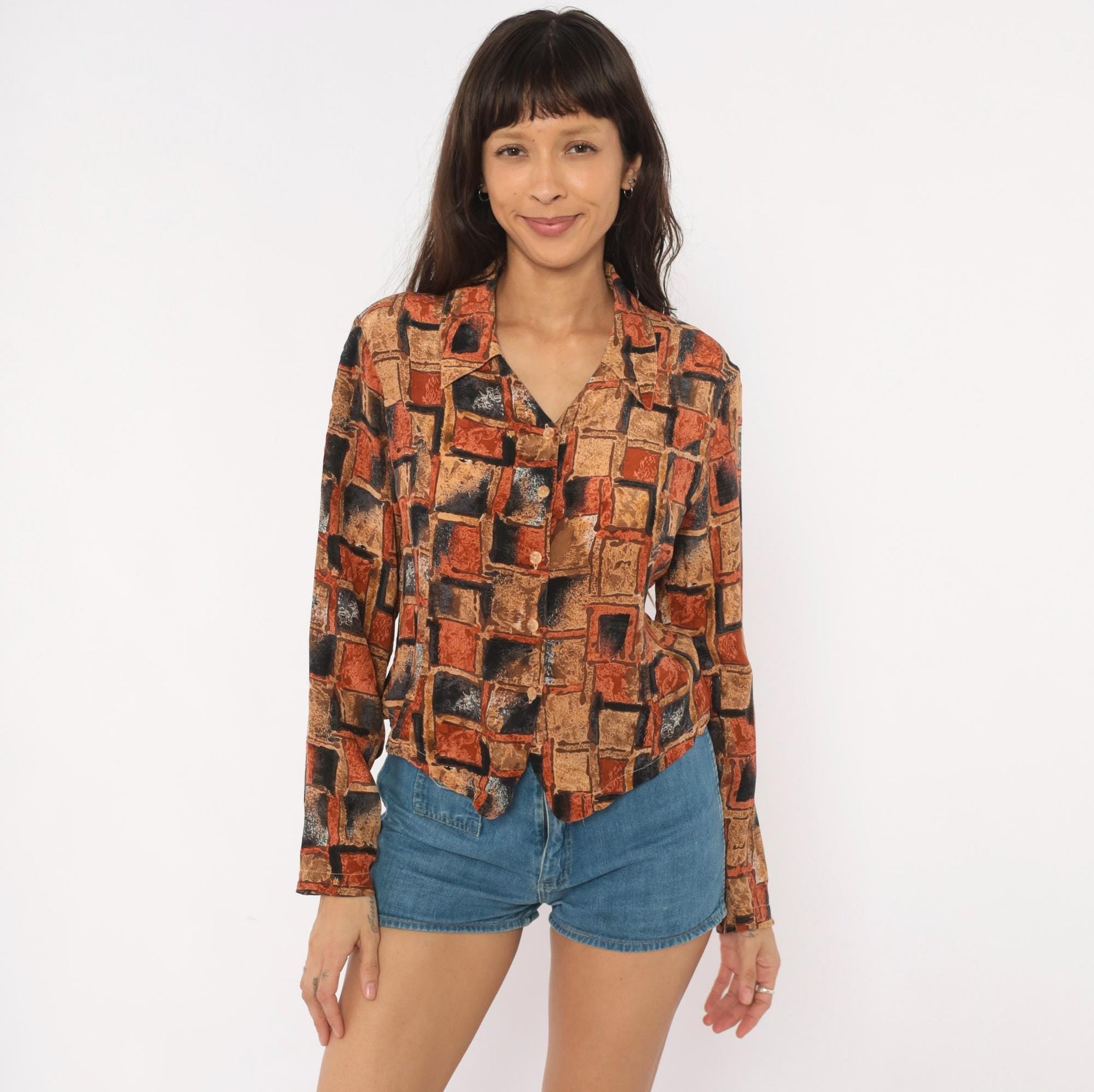 90s Quo-Silk Abstract Geometric Silk Blouse Cropped Rust Tan Small S