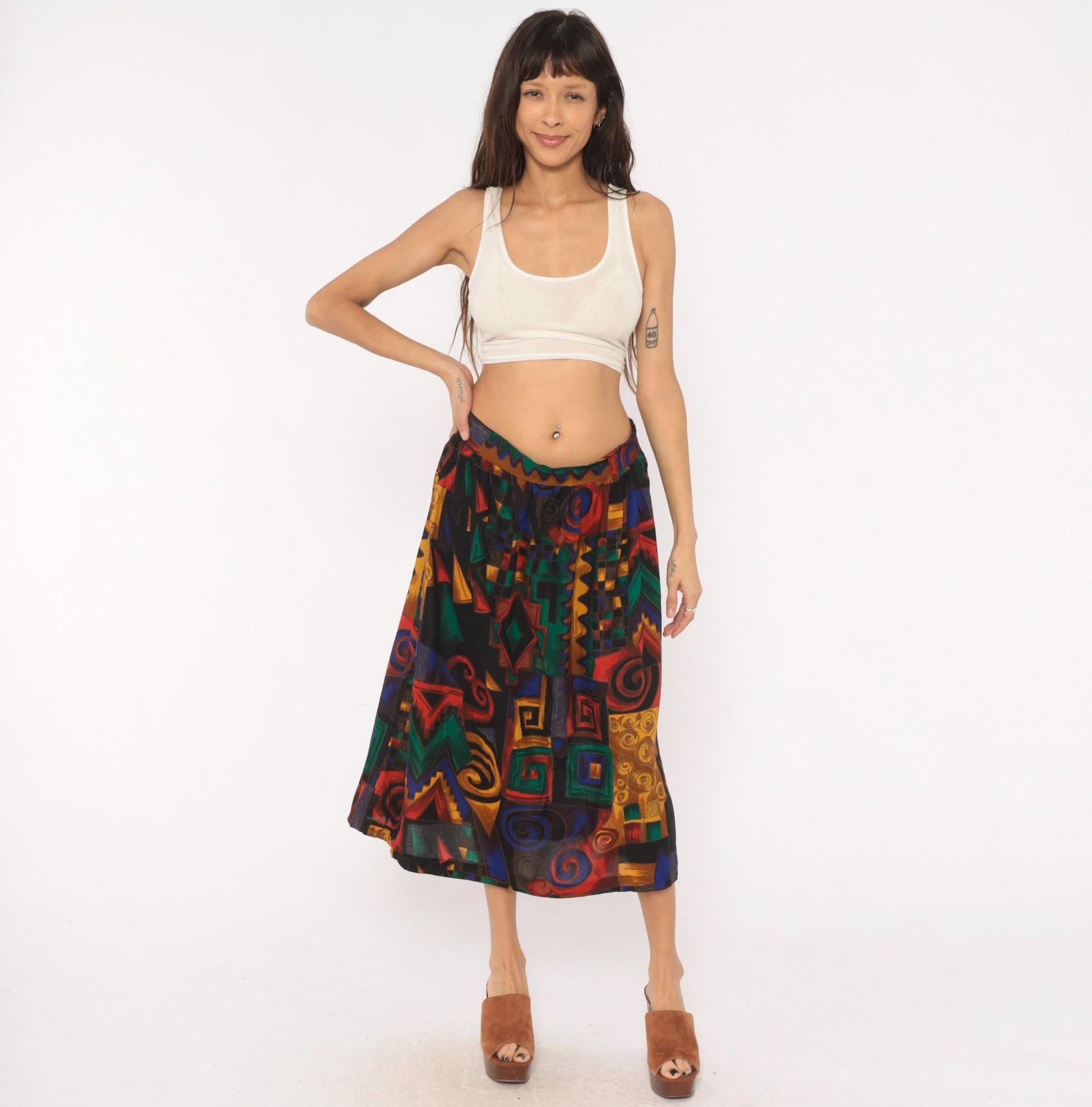 90s Kenneth Mitchell Midi Skirt Geometric Spiral Print Multicolor Size 20W
