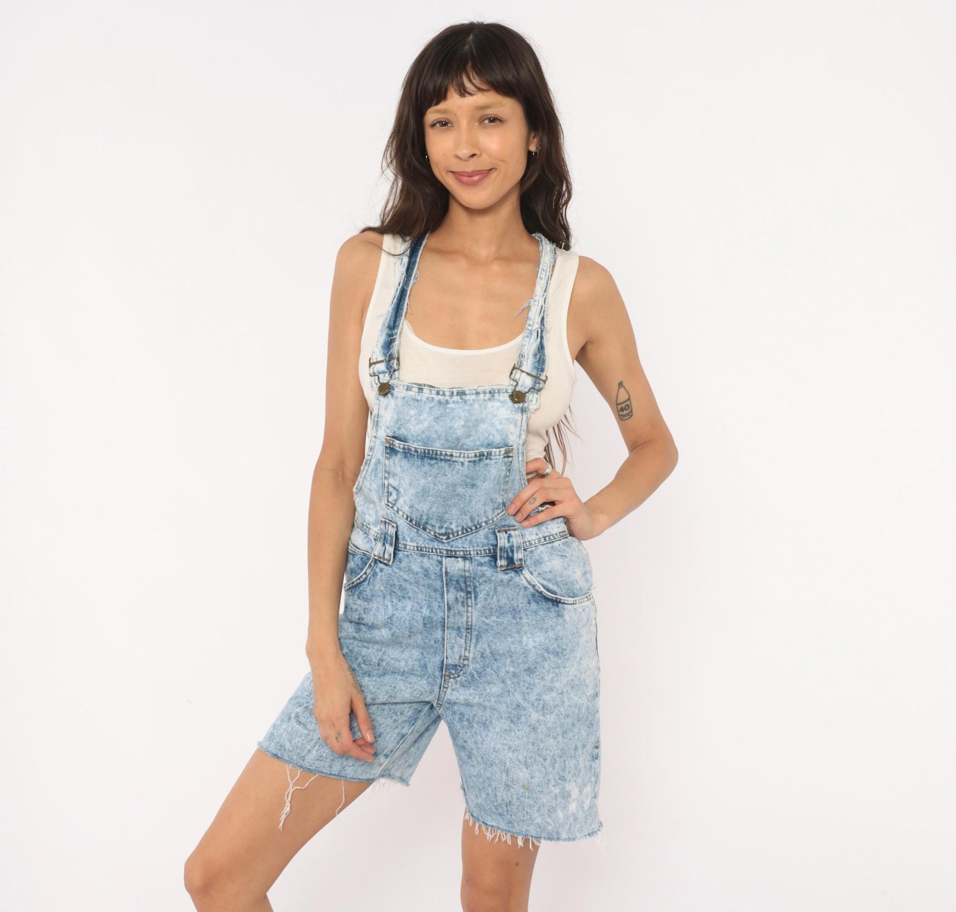 90s Weathered Blues Acid Wash Denim Shortalls Light Blue Cotton Small S