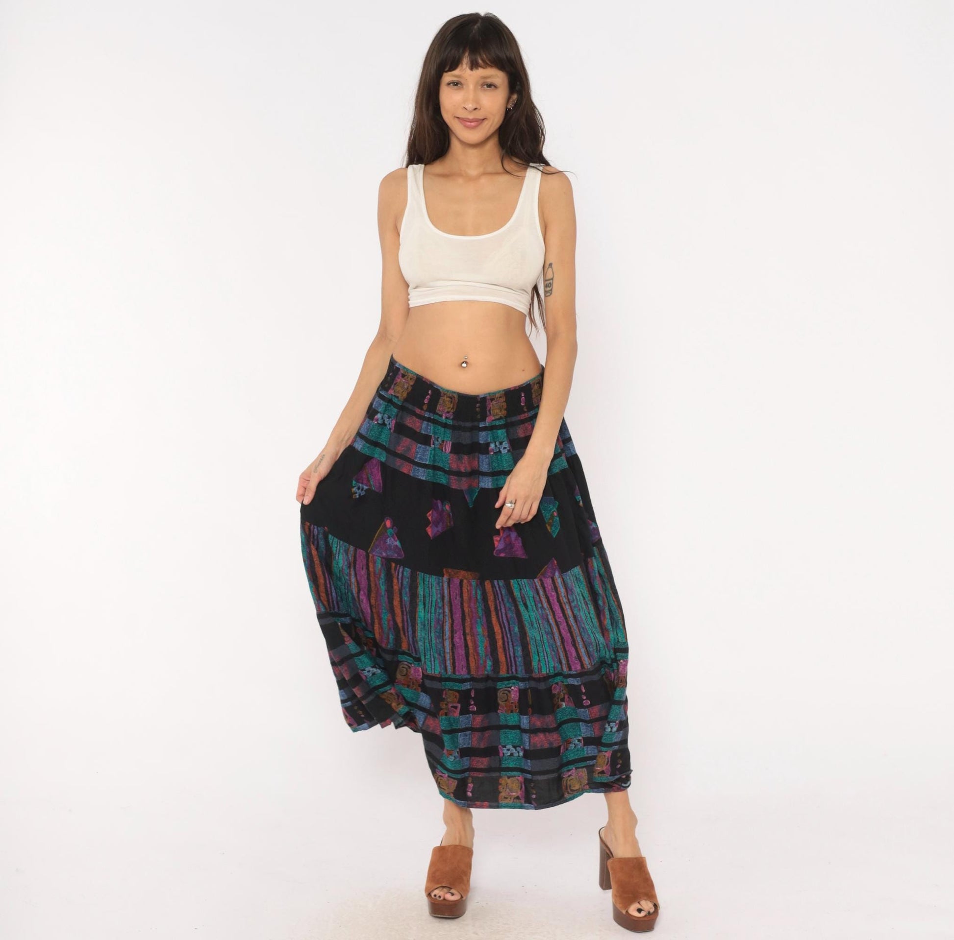 90s Adrian Jordan Tiered Maxi Skirt Black Teal Purple Geometric Plus Size XXL