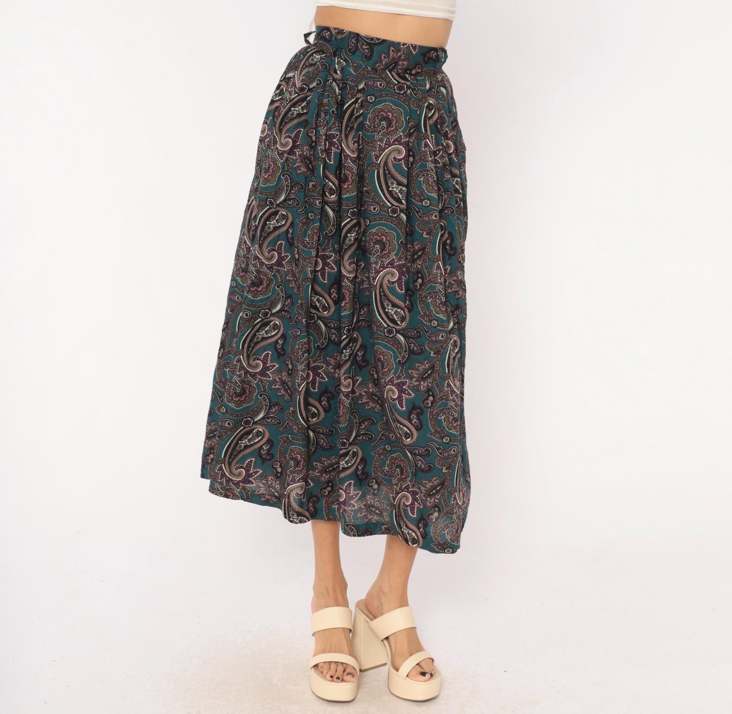 90s Words Paisley Pleated Midi Skirt Teal Pink Olive Extra Small XS