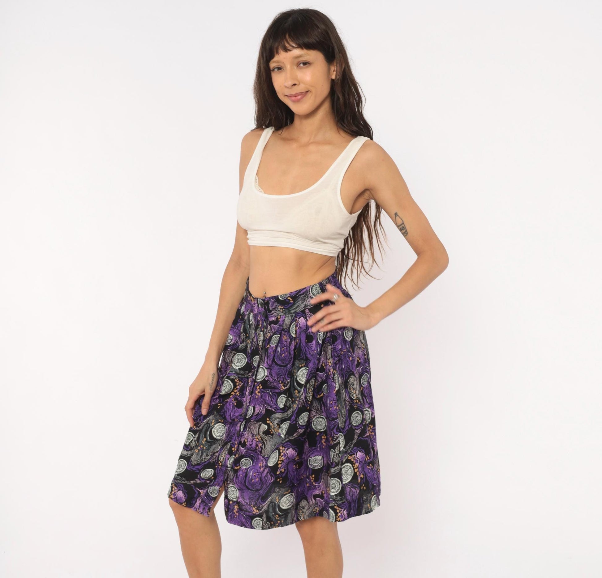 90s A Fine Line Abstract Swirl Mini Skirt Purple Button Front Small