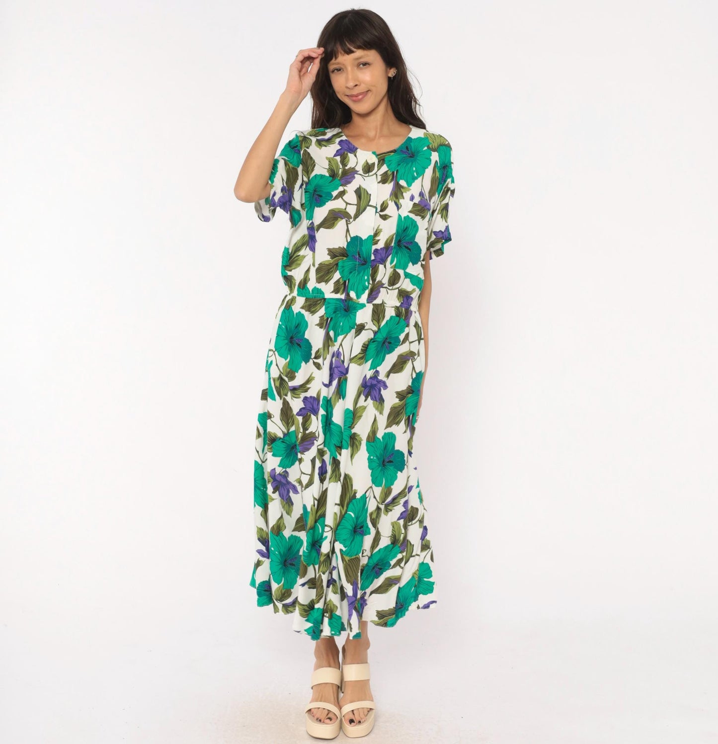 80s Tropical Hibiscus Midi Dress Teal Purple Floral Button Front Large L