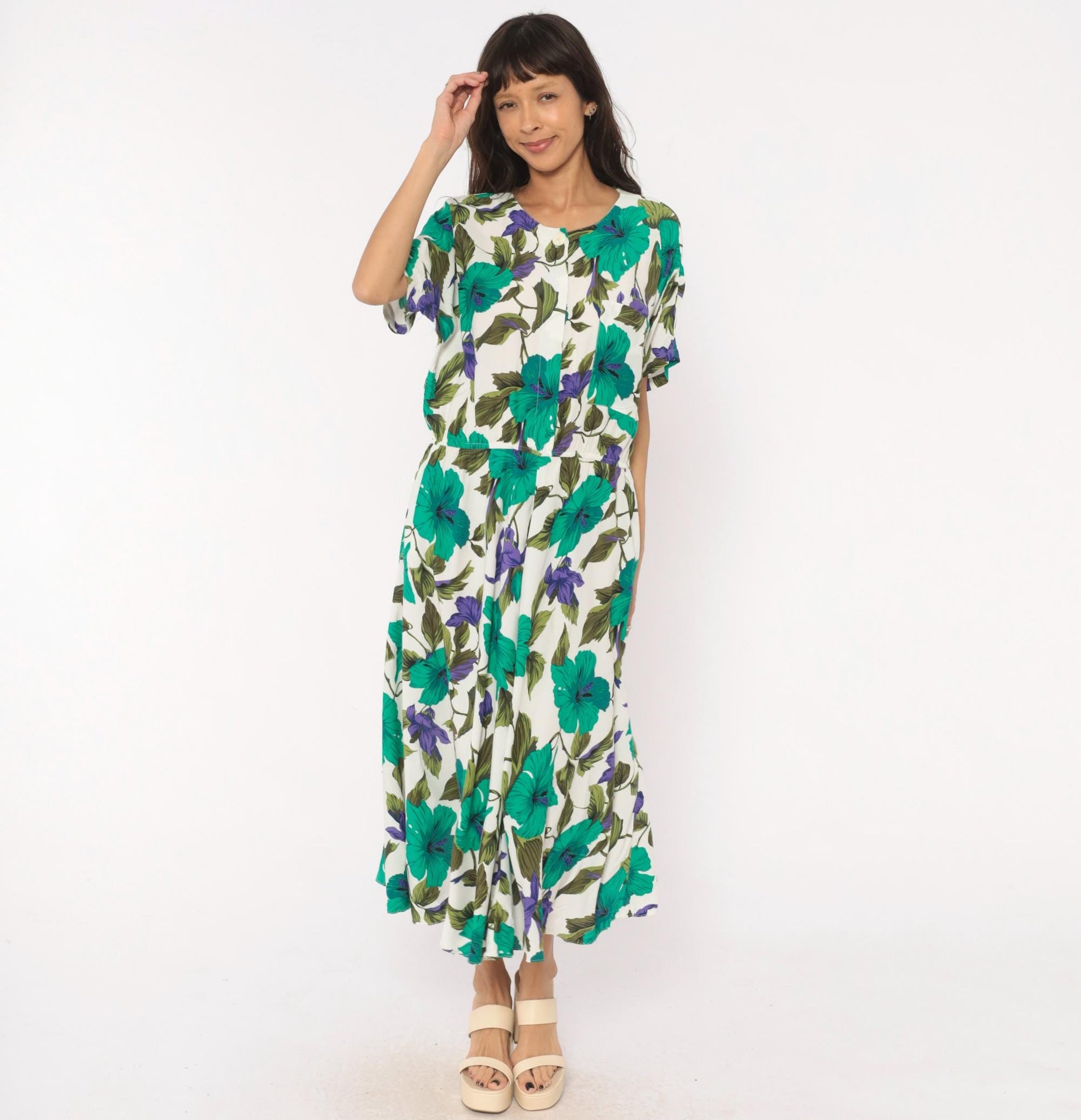 80s Tropical Hibiscus Midi Dress Teal Purple Floral Button Front Large L