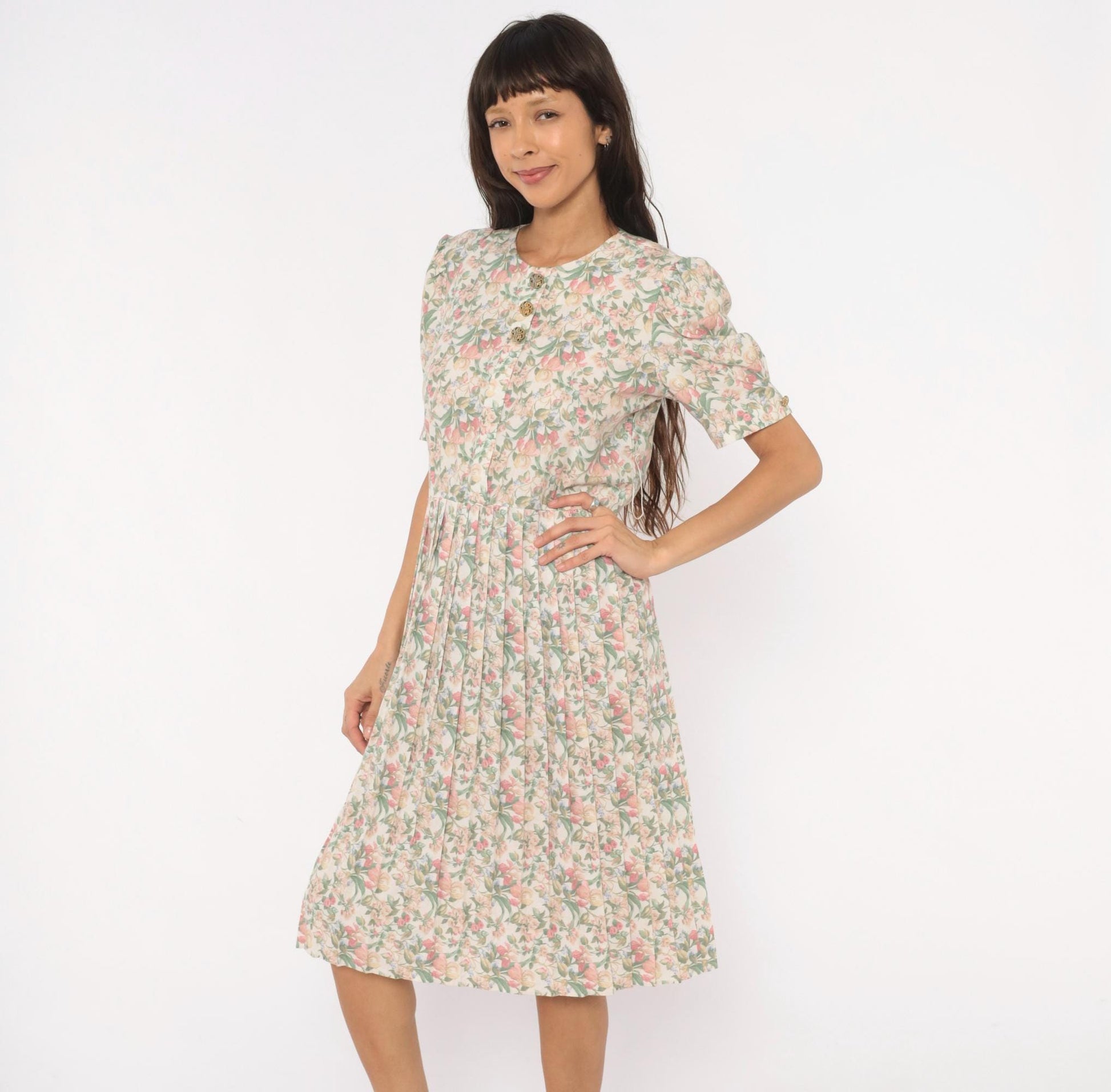 80s Jenny Petites Floral Puff Sleeve Dress Cream Pink Sage Small