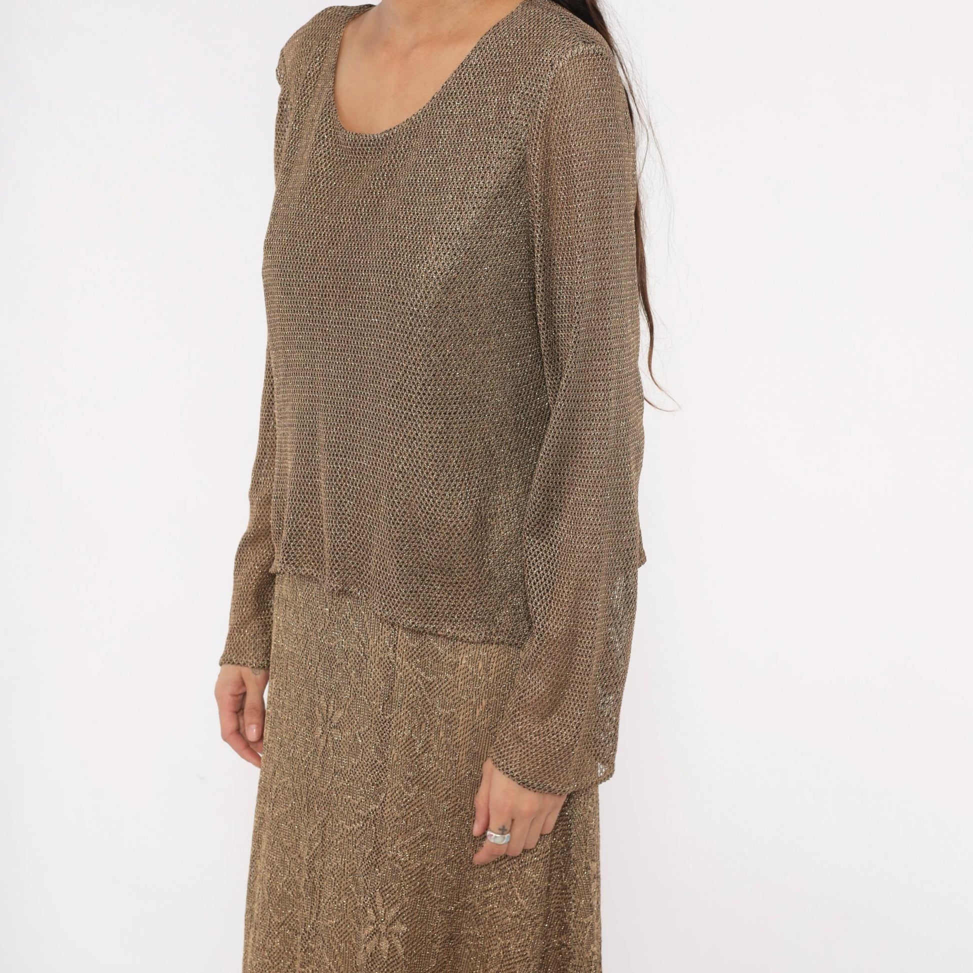 90s Onyx Nite Bronze Metallic Floral Lace Maxi Dress Long Sleeve Large L