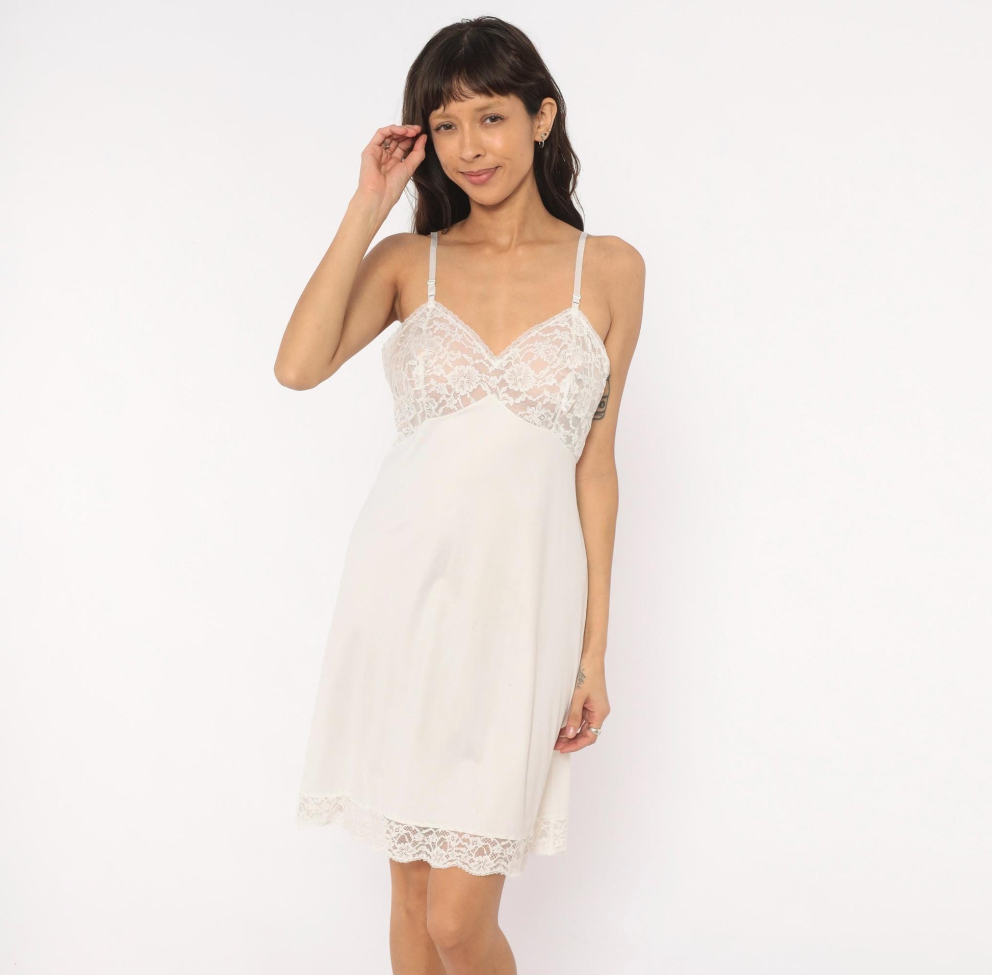 80s Vanity Fair White Lace Slip Dress V-Neck Floral Bodice Small