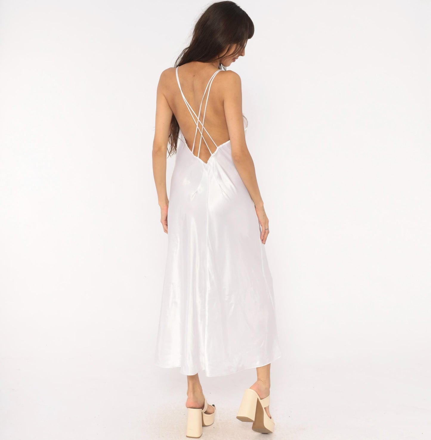 90s Just Flora White Satin Slip Dress Maxi Lace Panel Croquette Lingerie Large L