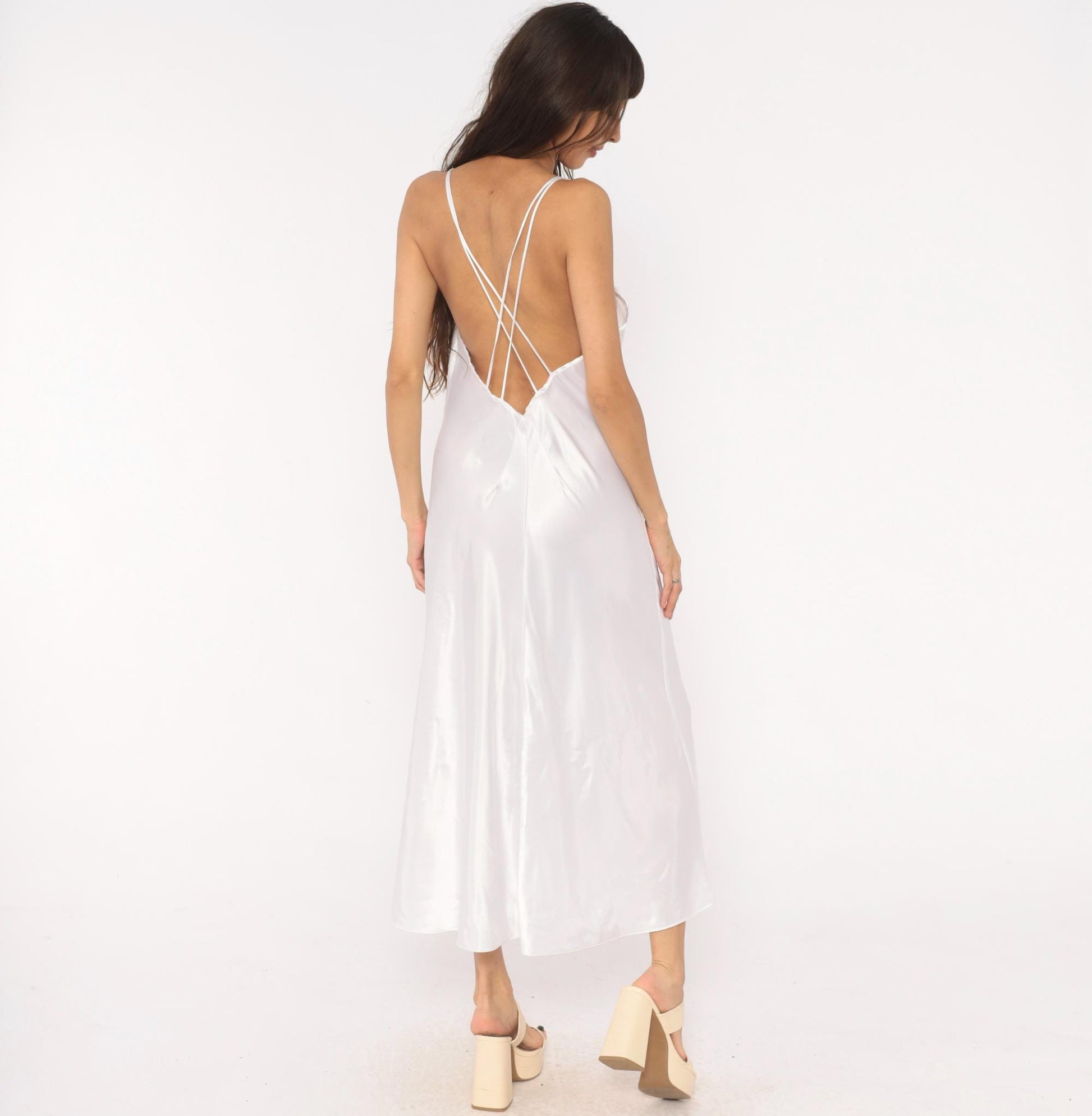 90s Just Flora White Satin Slip Dress Maxi Lace Panel Croquette Lingerie Large L