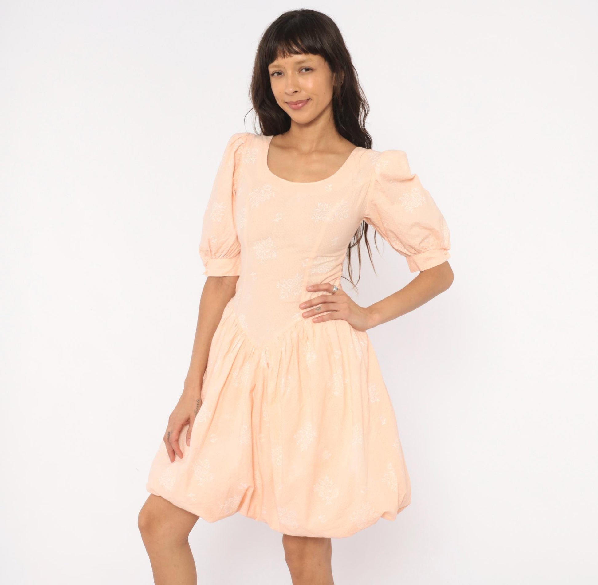 80s J.B.Xpress Puff Sleeve Mini Dress Peach Floral Cotton Basque Waist Extra Small XS