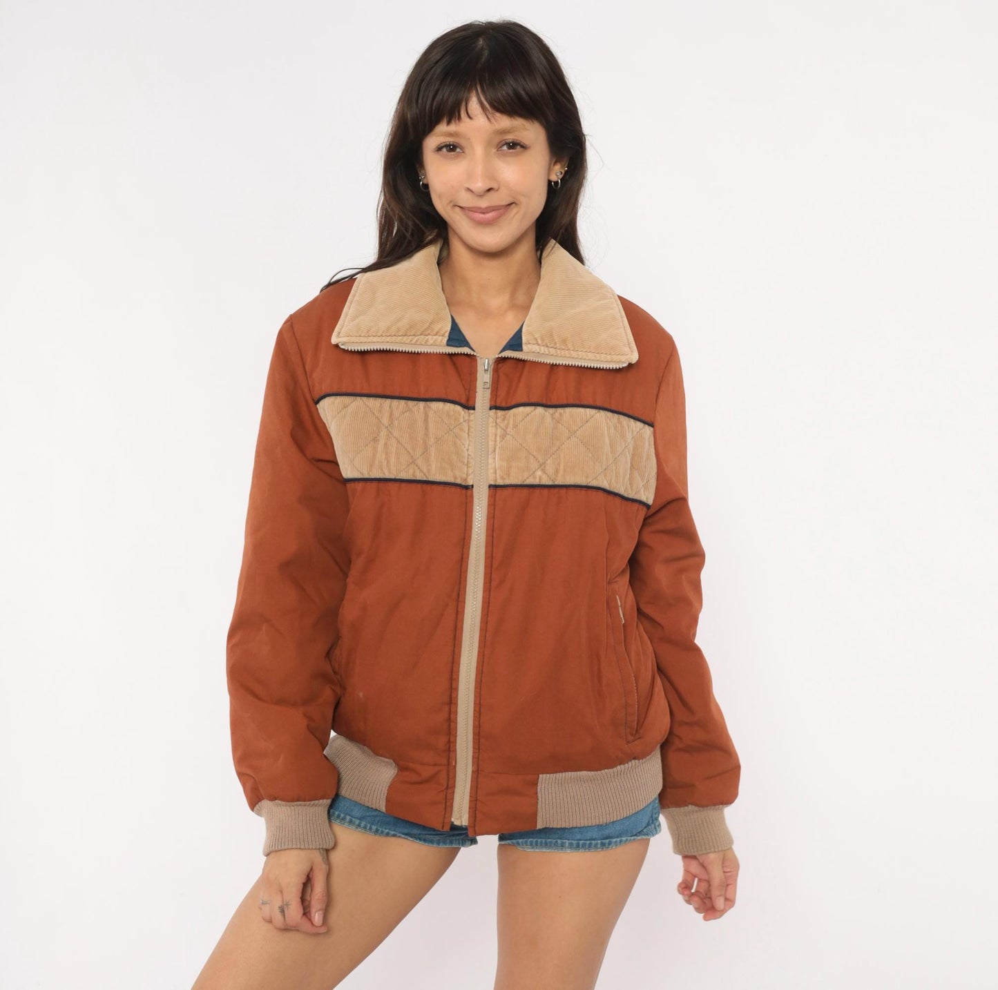 70s Golden Bay Ski Bomber Jacket Rust Brown Corduroy Color Block Small