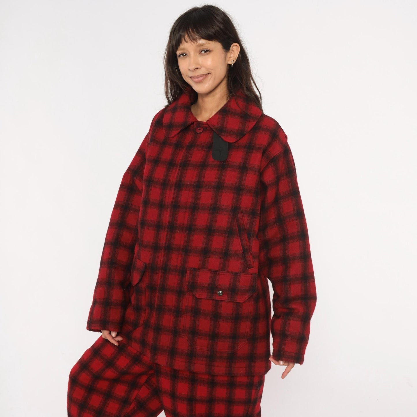 80s Woolrich Buffalo Plaid Wool Hunting Jacket Black Red Peter Pan Collar Large L