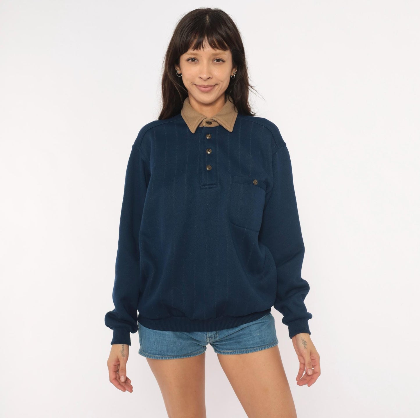 90s Scandia Woods Navy Polo Sweater Tan Elbow Patches Henley Medium M