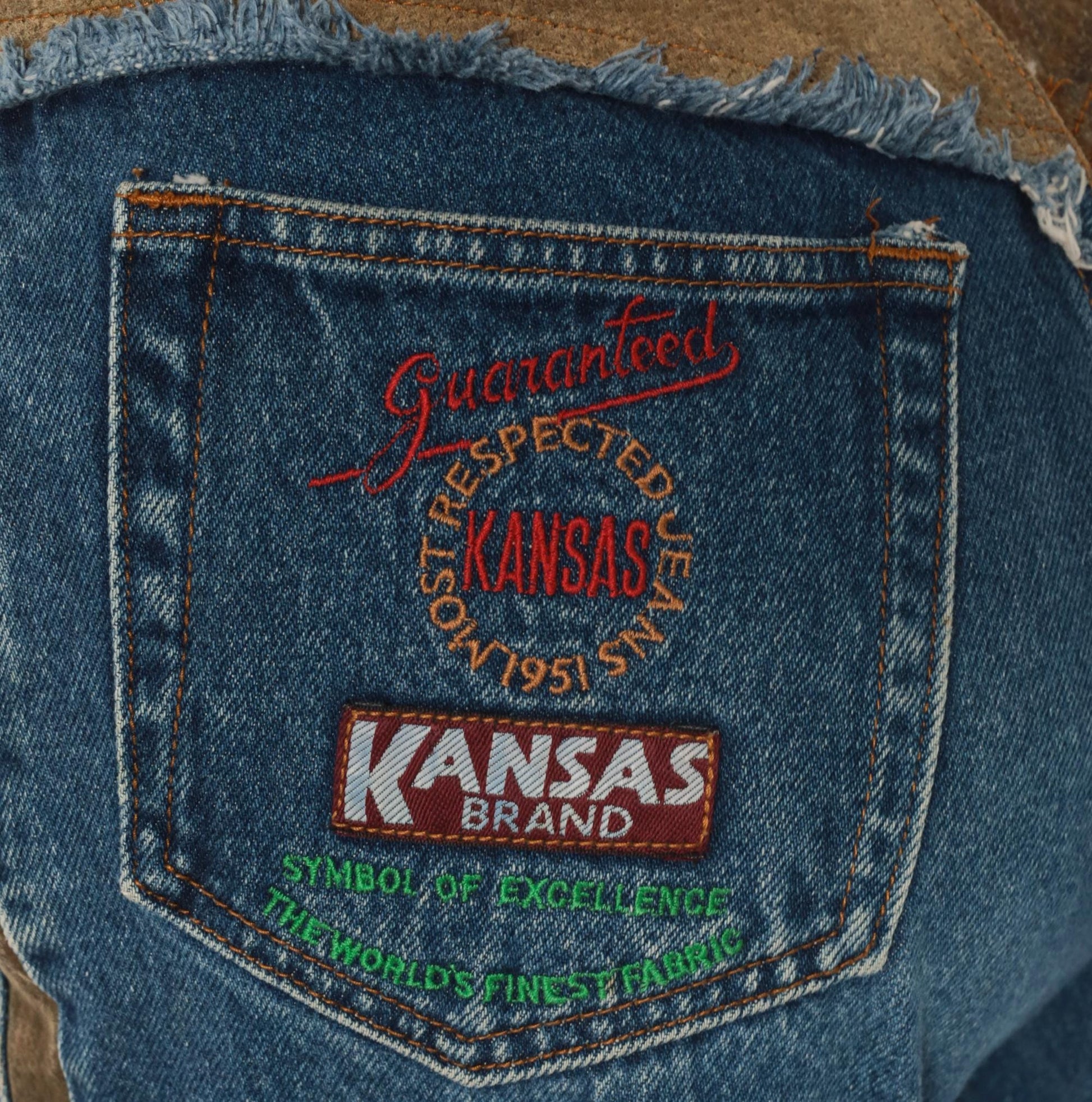 90s Kansas Brand Patchwork Denim Jeans High-Waisted Tapered Blue Suede Trim Small
