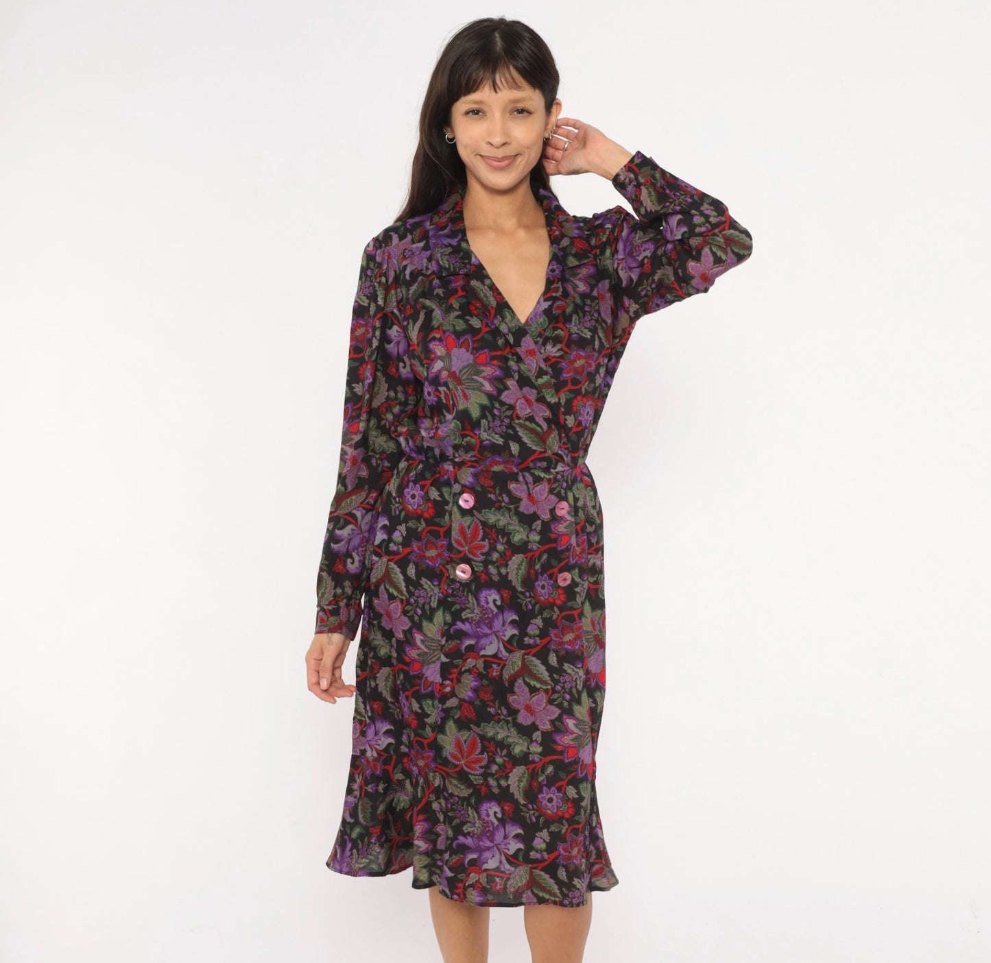 90s Breli Originals Floral Wrap Dress V Neck Long Sleeve Black Purple Small