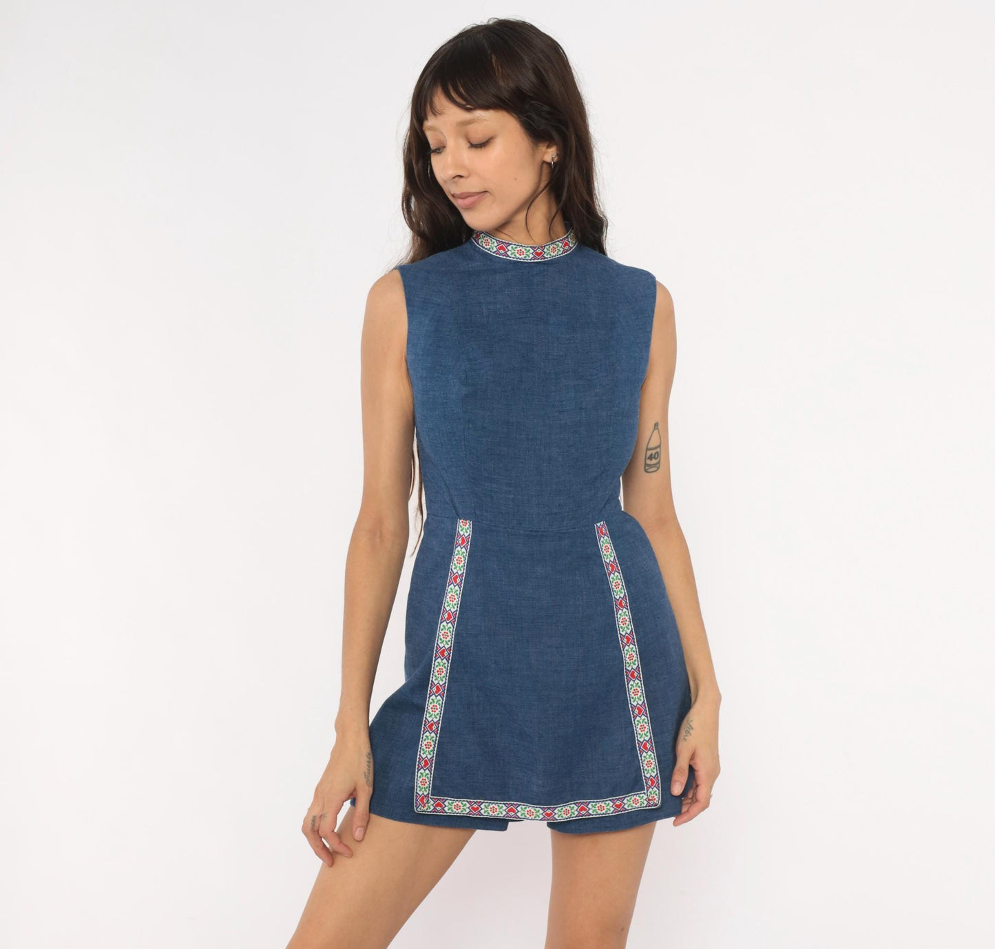 60s Navy Chambray Romper Embroidered Folk Floral Mock Neck Playsuit XS