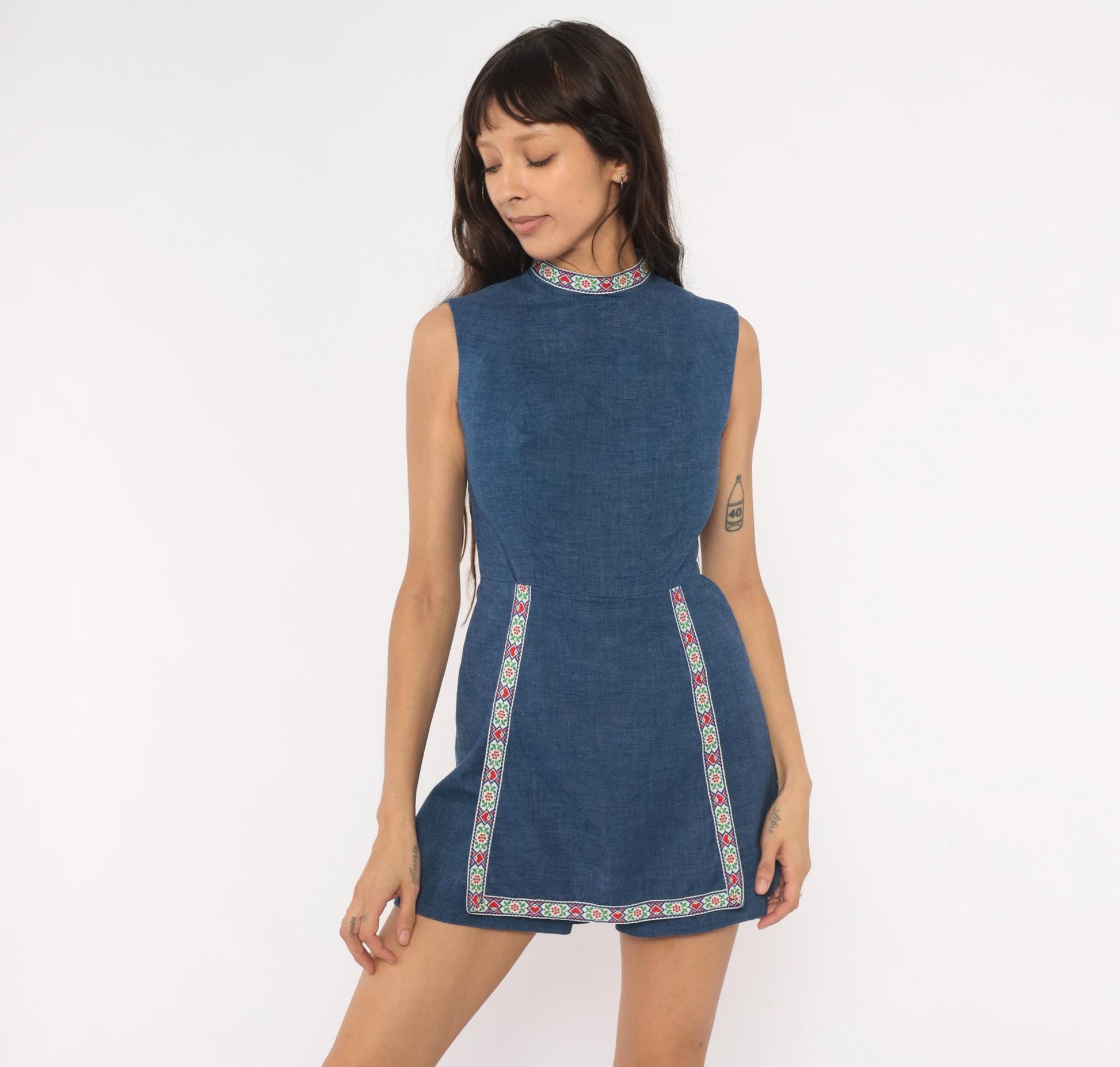 60s Navy Chambray Romper Embroidered Folk Floral Mock Neck Playsuit XS