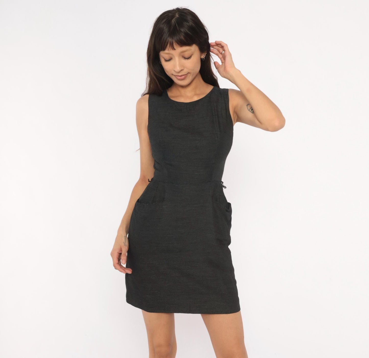 60s Mod Mini Dress Black Grey Pinstripe Sleeveless Shift Extra Small XS