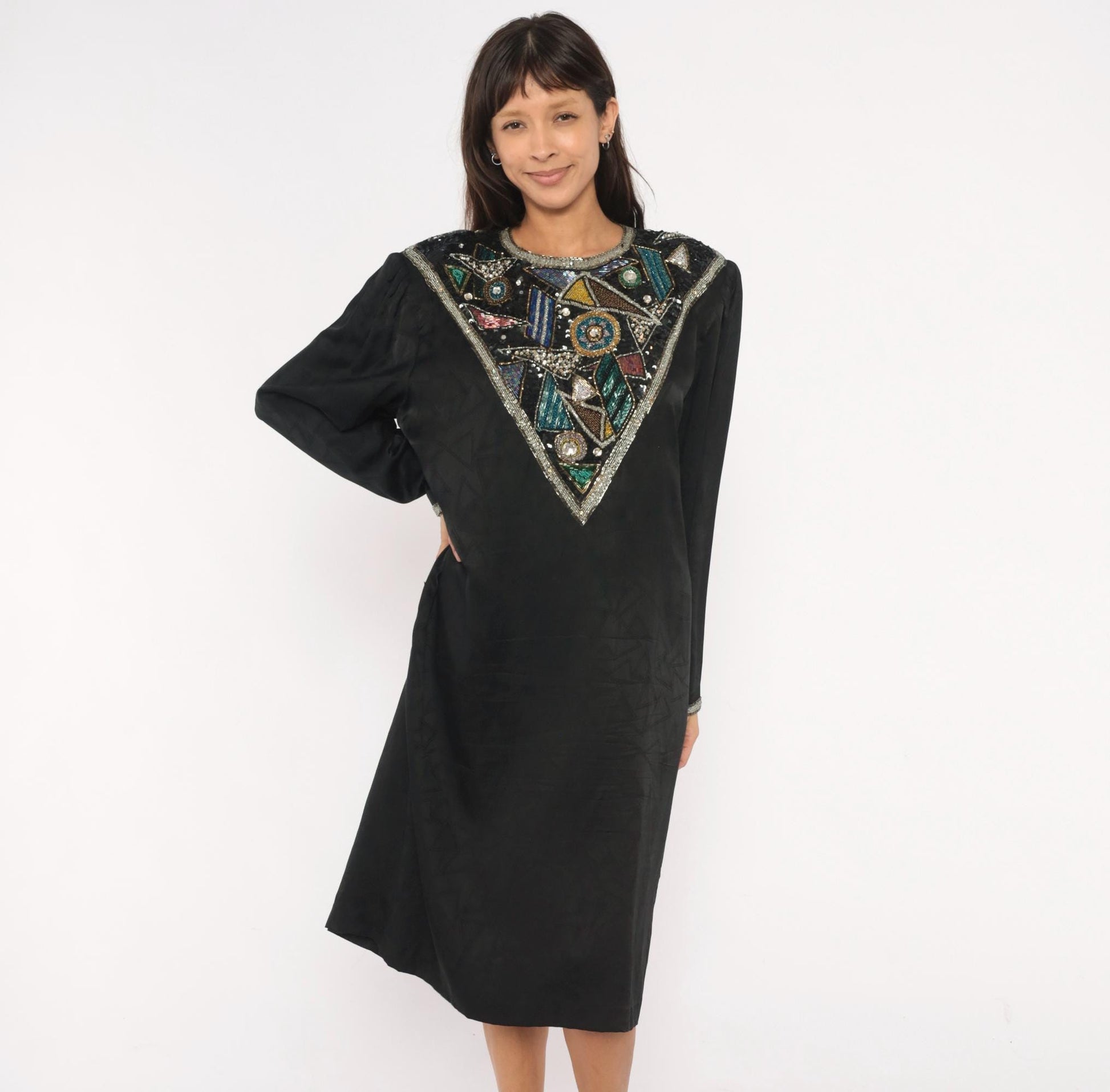 90s D'Ore Black Silk Beaded Shift Dress Geometric Sequin Bib Large L