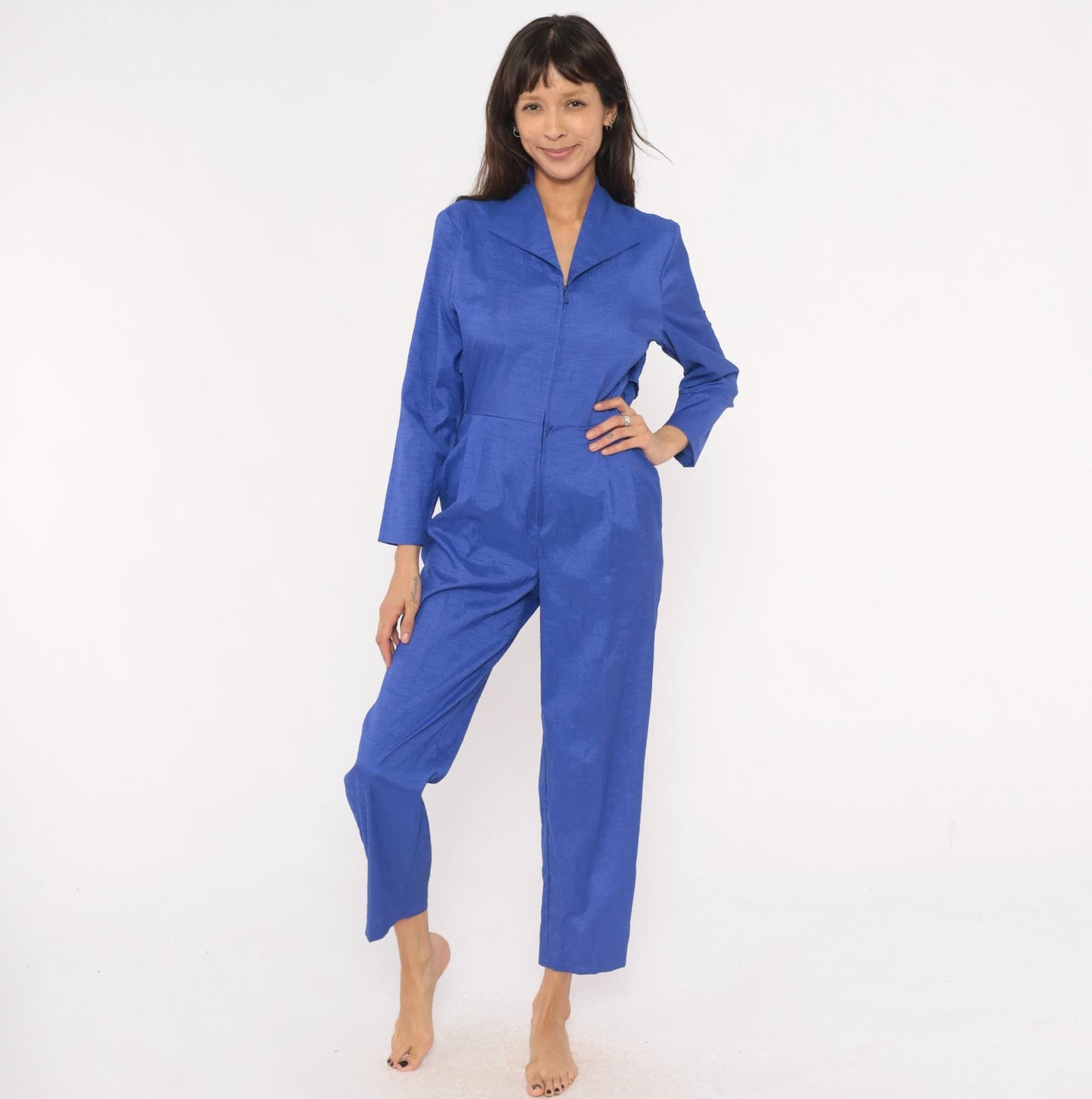 80s Joan Walters Cobalt Jumpsuit Long Sleeve Pleated Tapered Small
