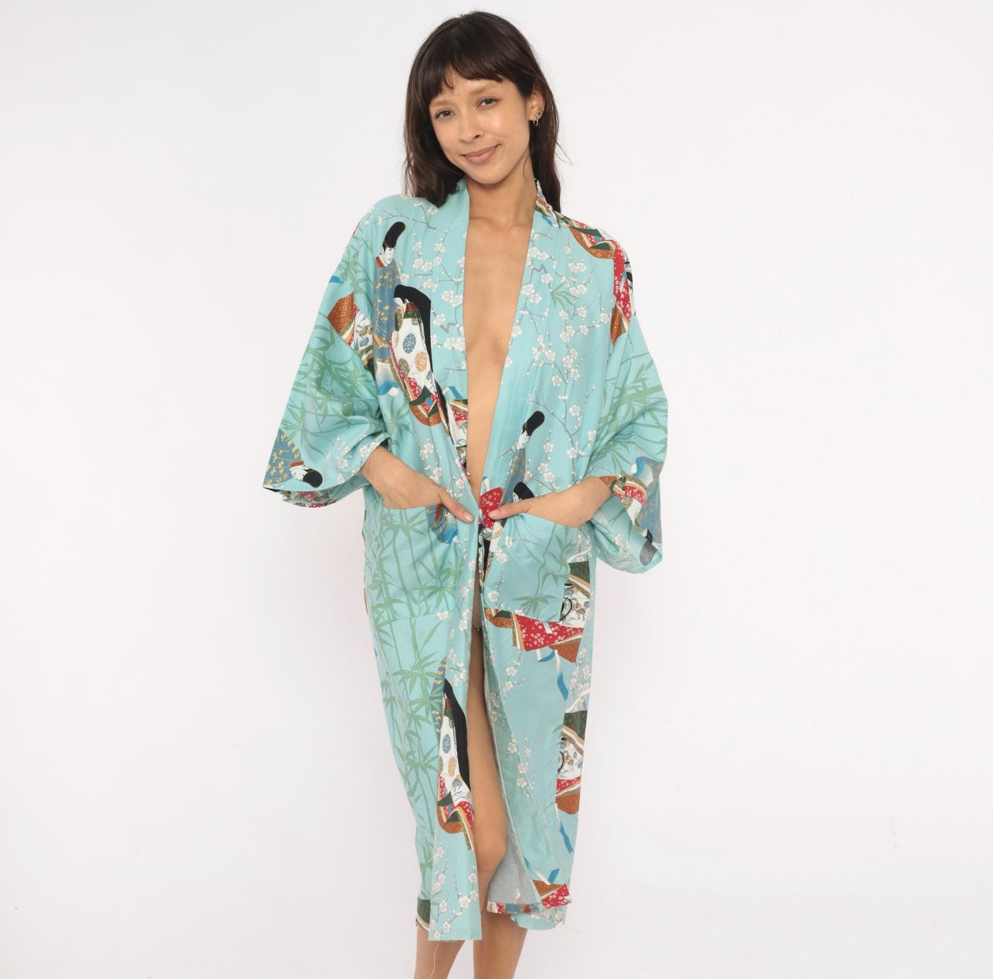 70s Hayashi Kimono Robe Blue Cotton Ukiyo-e Geisha Print Knee-Length Small