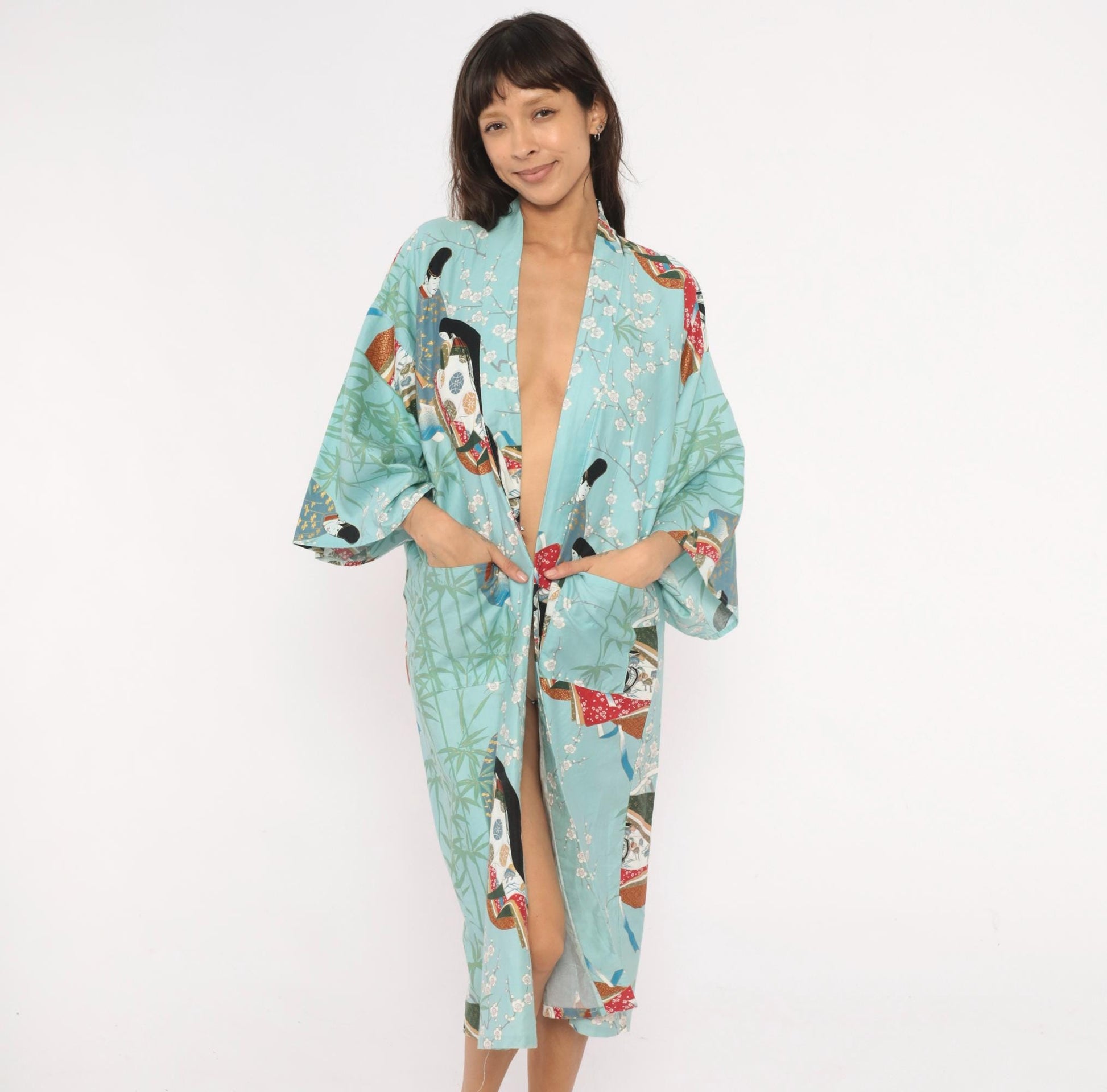 70s Hayashi Kimono Robe Blue Cotton Ukiyo-e Geisha Print Knee-Length Small