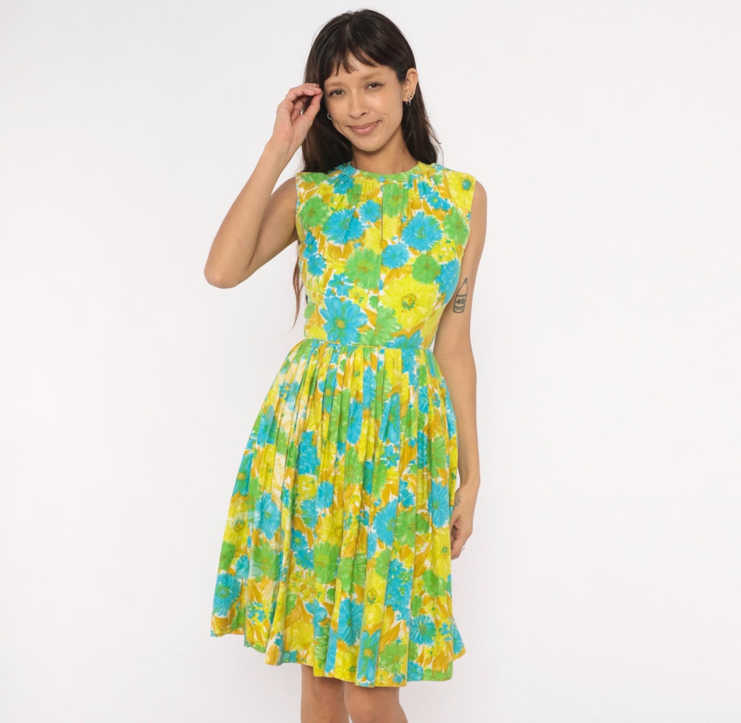 60s Floral Fit-and-Flare Sundress Daisy Print Yellow Green Blue Cotton XS