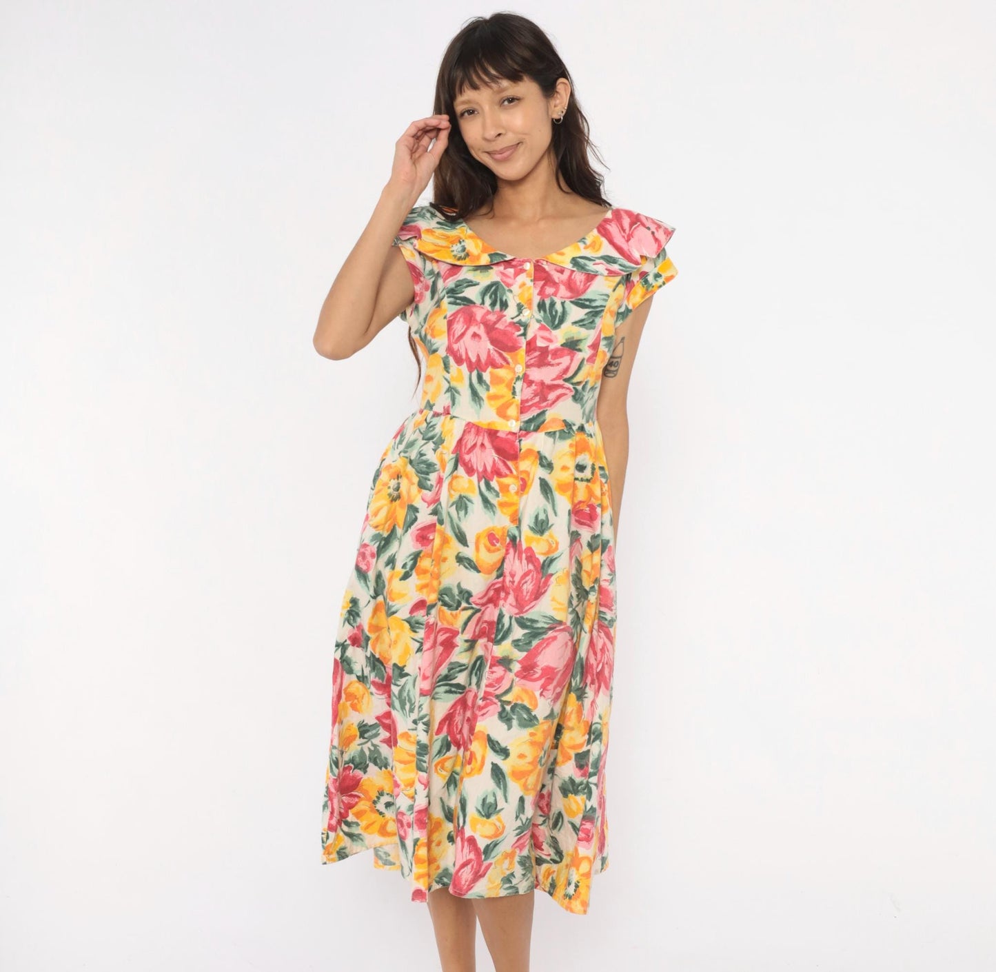 80s Floral Midi Dress Ruffle Collar Rose Print Cream Cotton Medium M