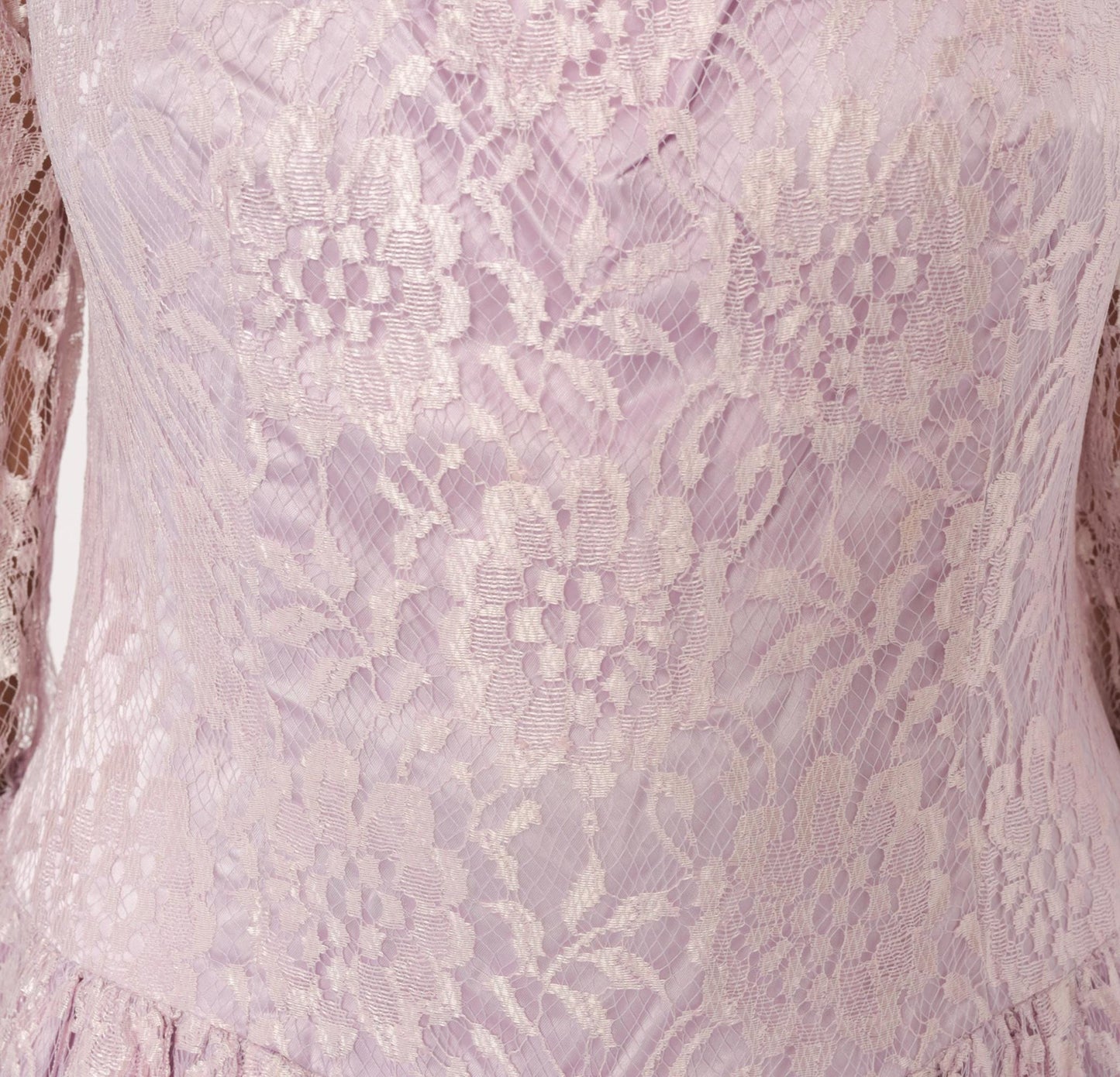 80s Lavender Lace Maxi Dress Floral Sheer Sleeve Drop Waist Large L