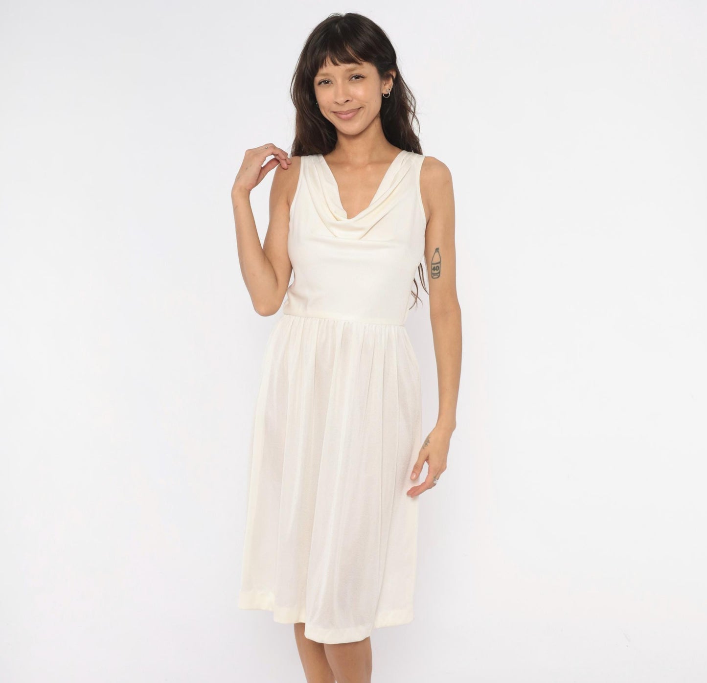 70s Kappi Cowl Neck Sundress Cream Sleeveless Gathered Waist Knee-Length Medium M
