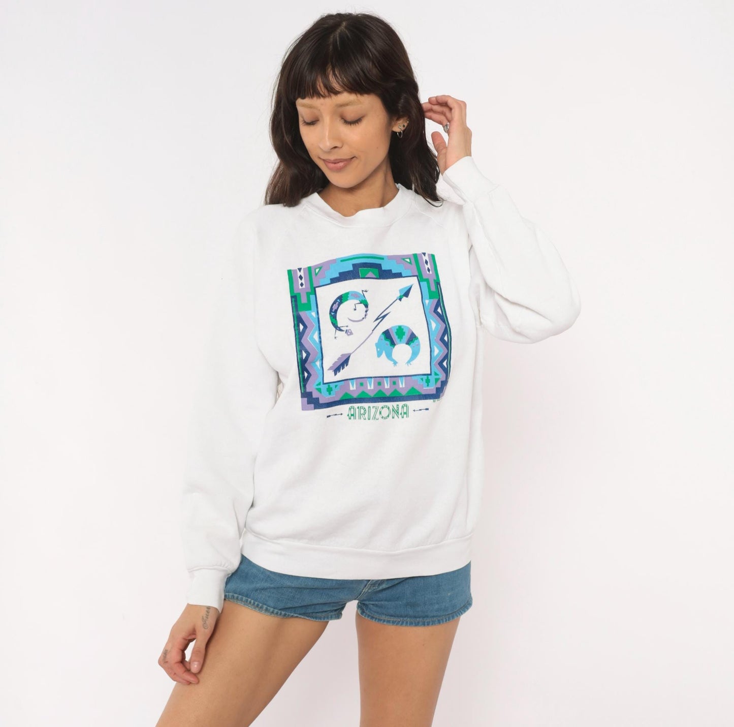 90s Fruit Of The Loom Arizona Southwestern Graphic Sweatshirt White Medium