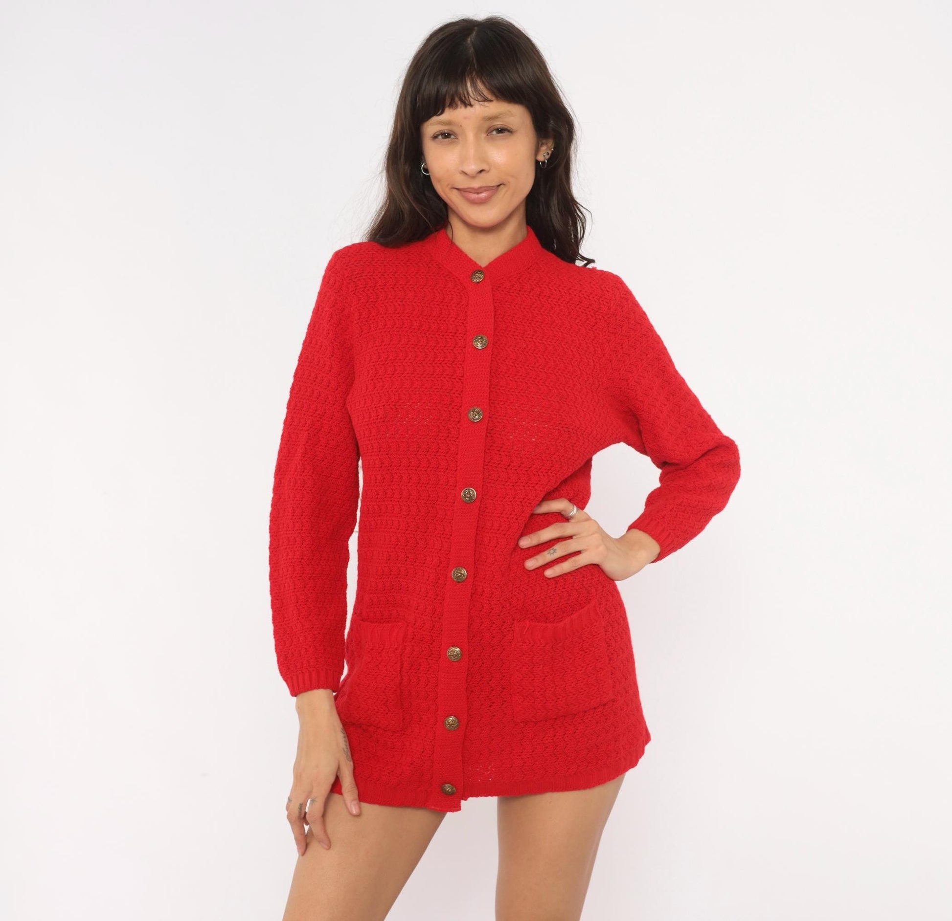 70s Bans Knits Red Cardigan Gold Buttons Mandarin Collar Textured Medium M